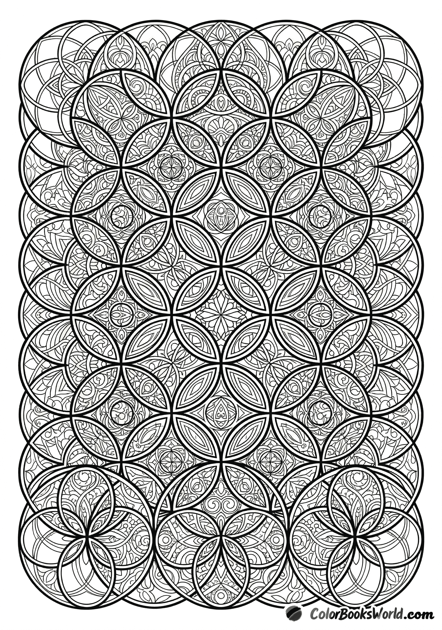 A complex geometric pattern of overlapping circles and vesica piscis shapes with fine filigree details.