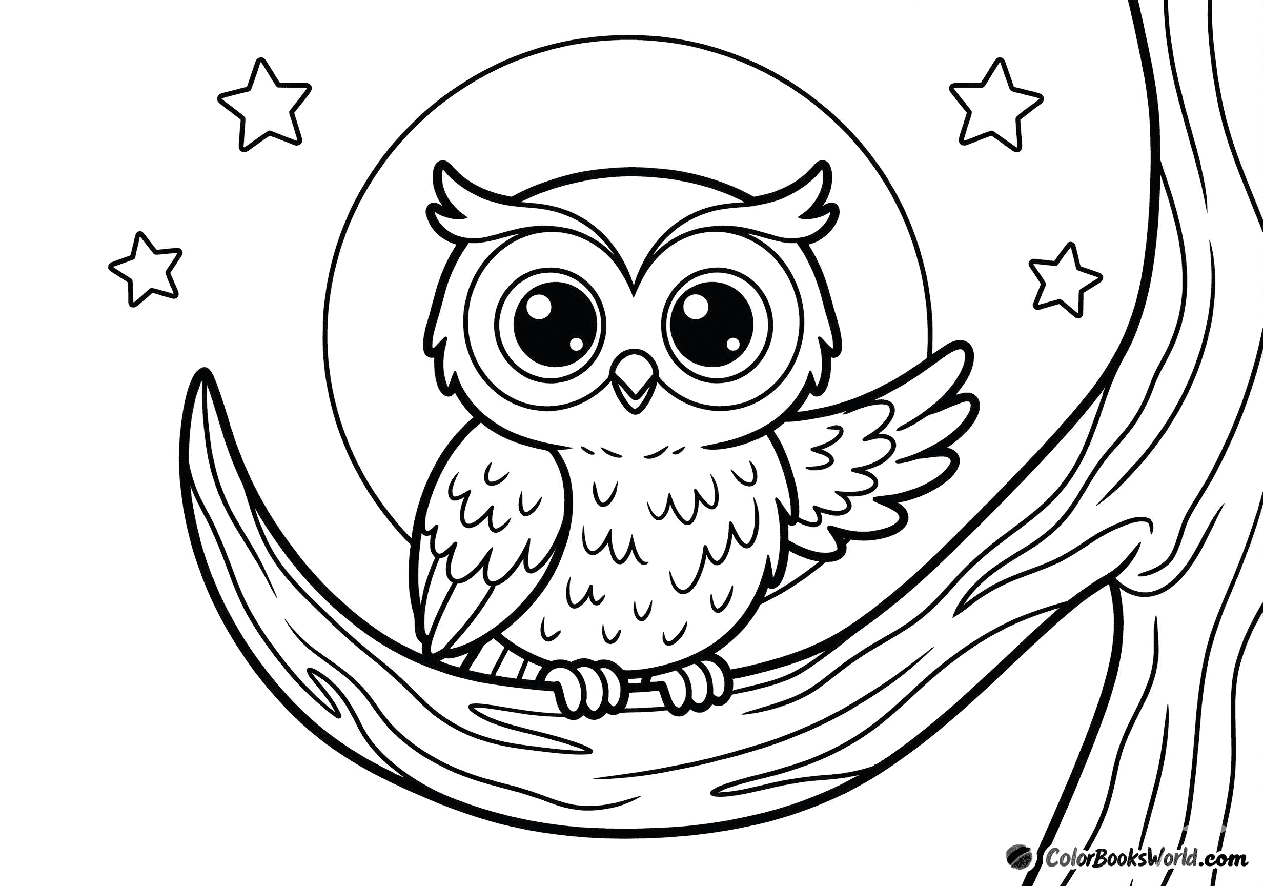 A big-eyed owl perched on a branch with a large full moon and three stars behind it.