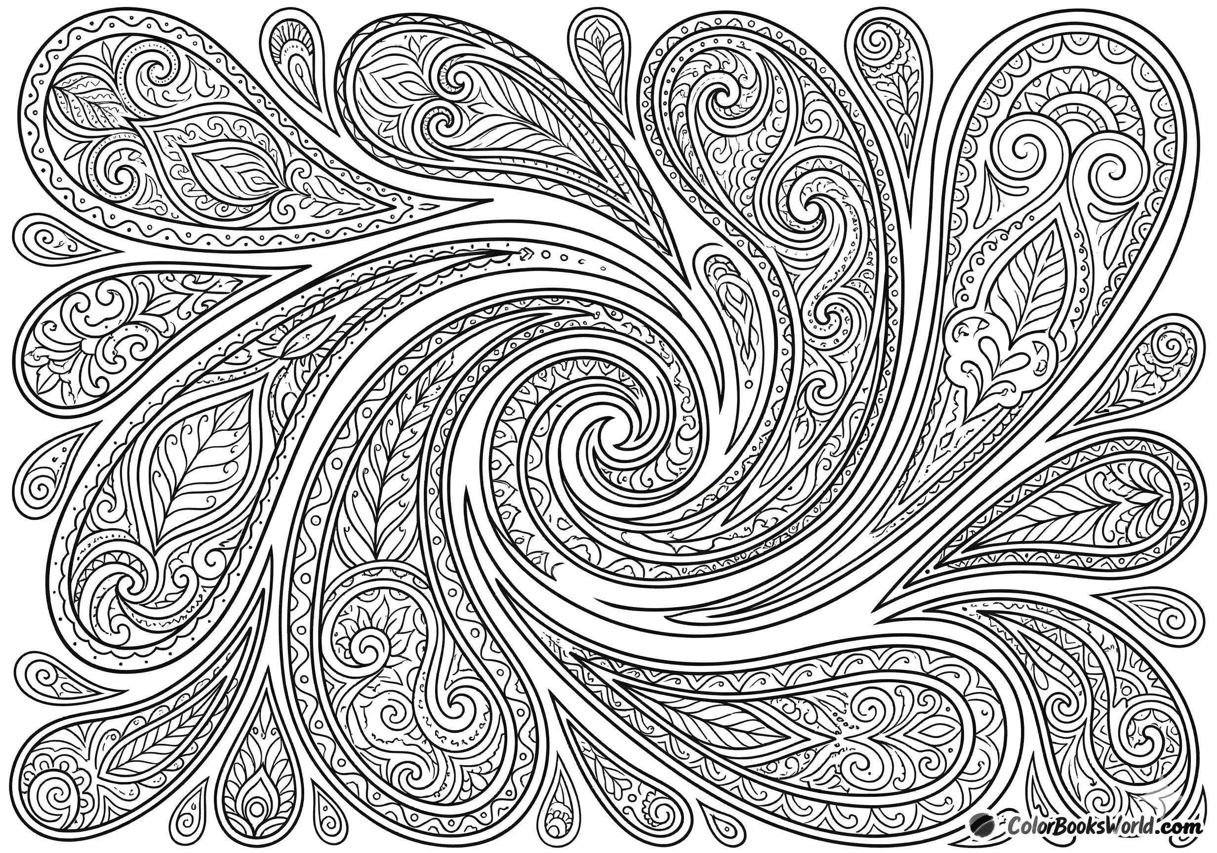 Flowing paisley teardrops and botanical patterns spiral into a central vortex in this detailed line art illustration.
