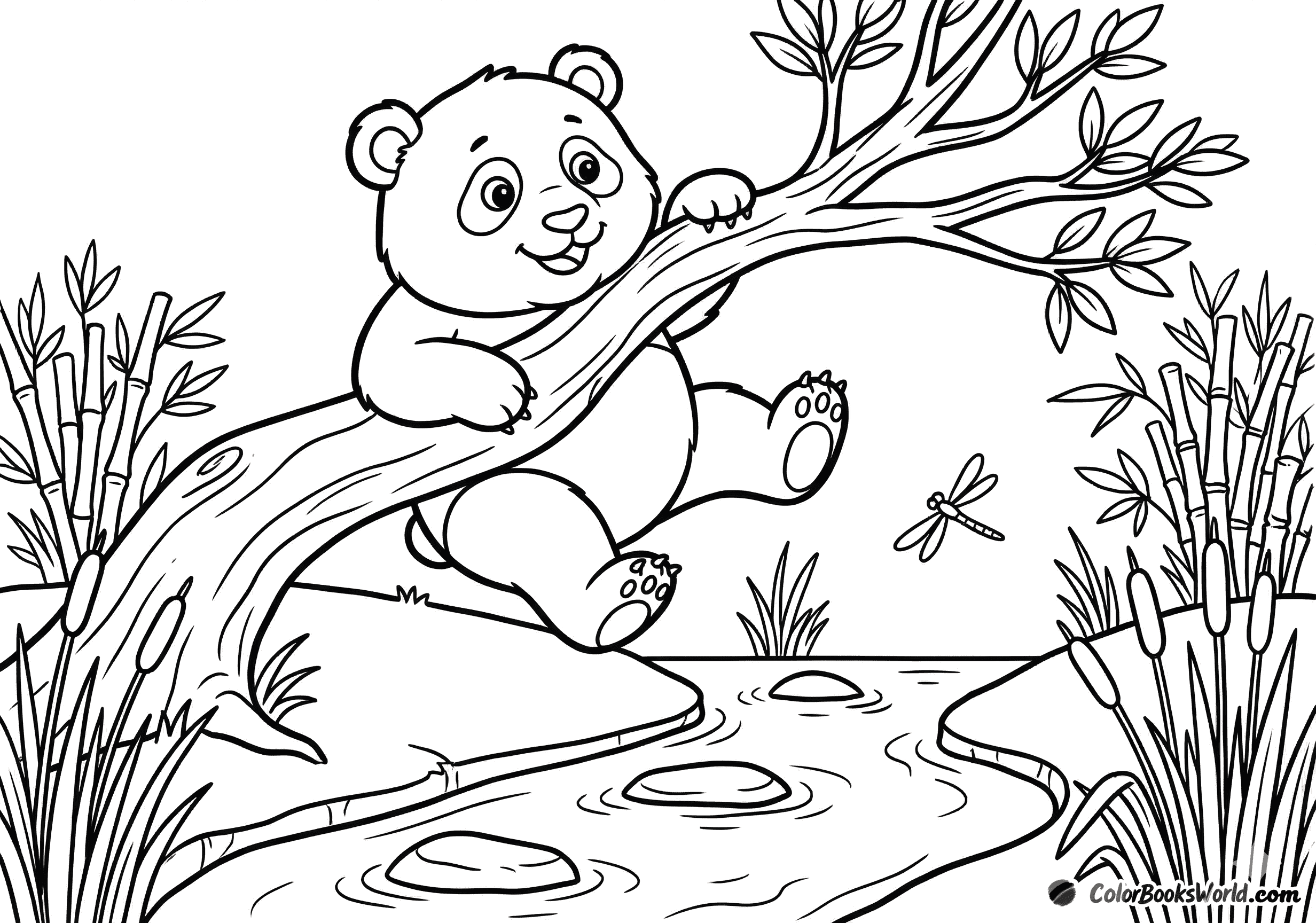 A panda cub sits on a tree branch above a stream with stepping stones and a dragonfly.