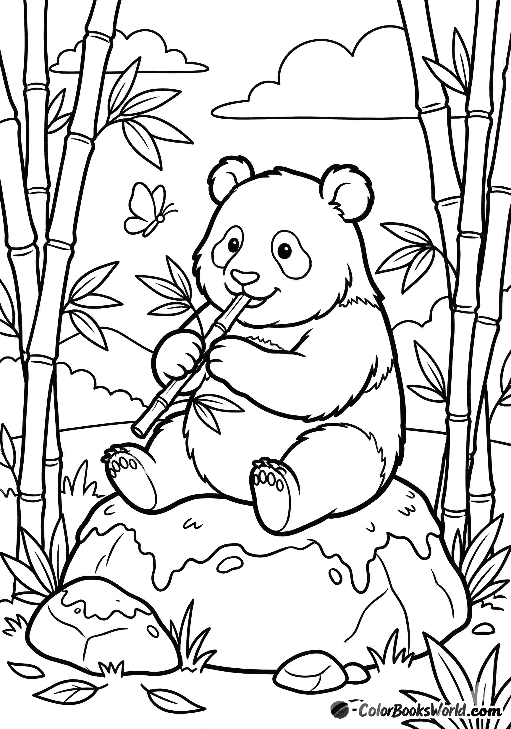 A chubby panda cub sits on a rock, eating bamboo, with a butterfly and clouds overhead.