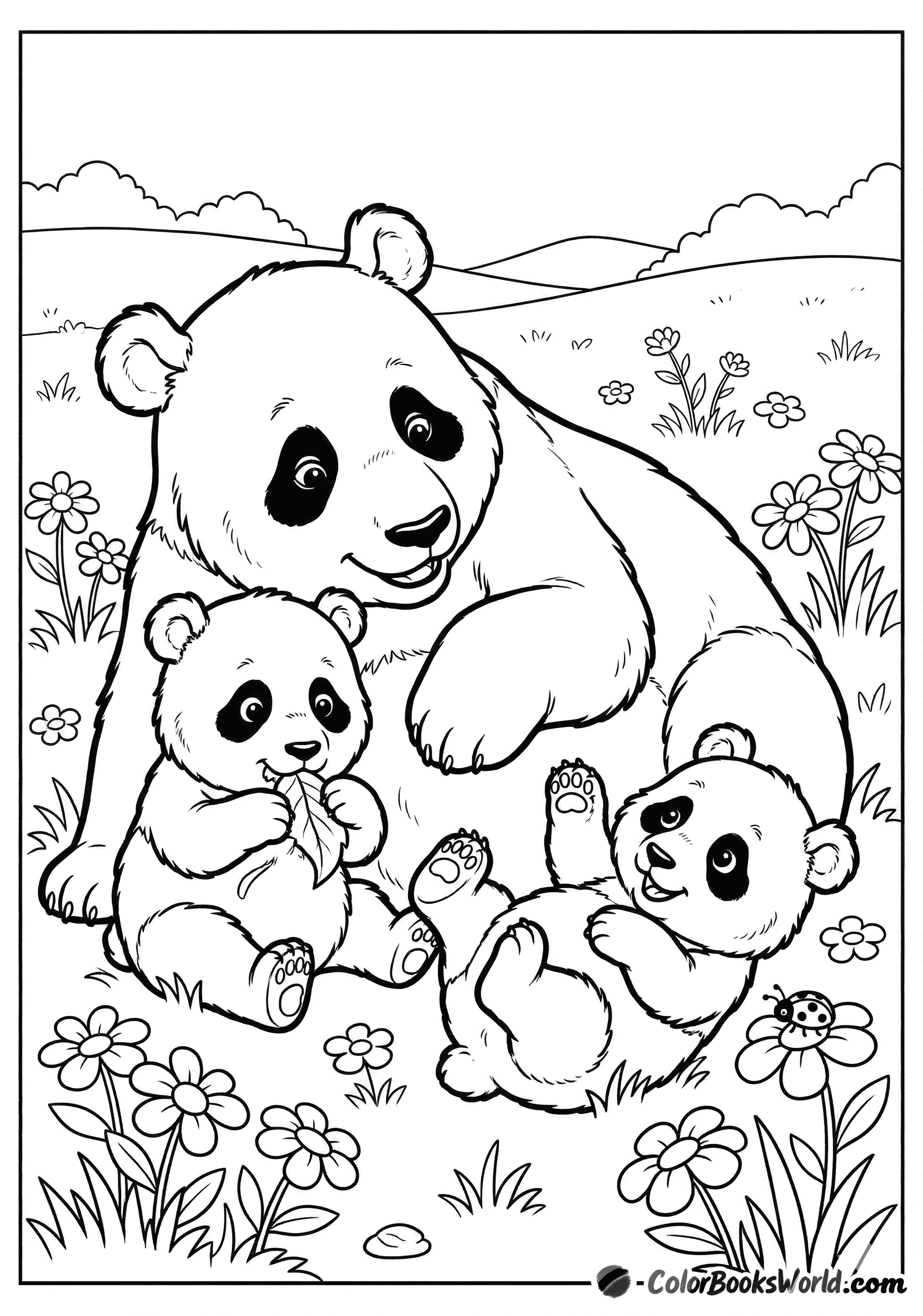 Mother panda lies on a flower meadow with two playful cubs, hills, and a ladybug.