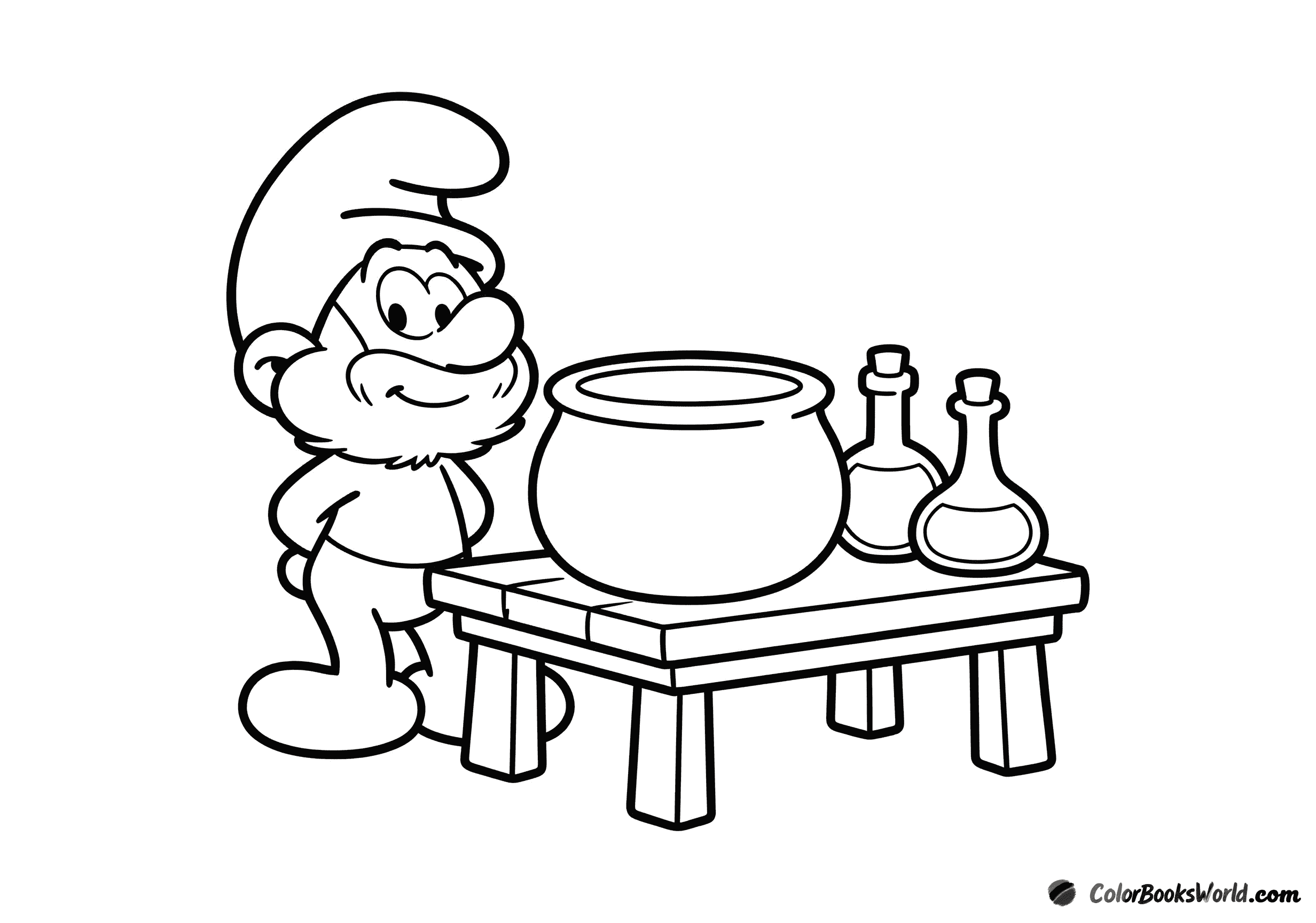 Papa Smurf stands beside a large cauldron with several glass bottles of magic potion.