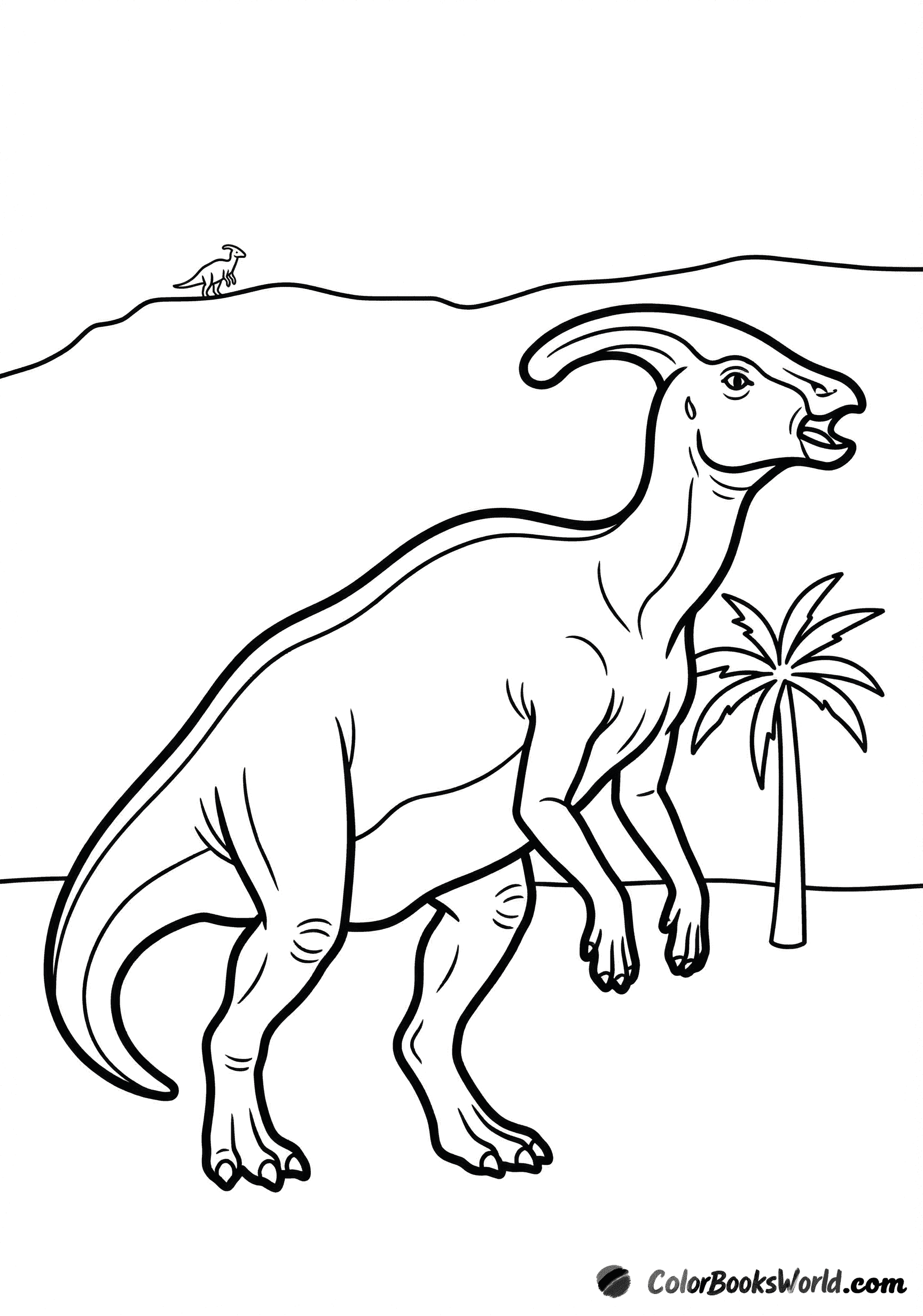 A cartoon parasaurolophus raises its head and calls beside a palm tree, with a distant hill on the horizon.