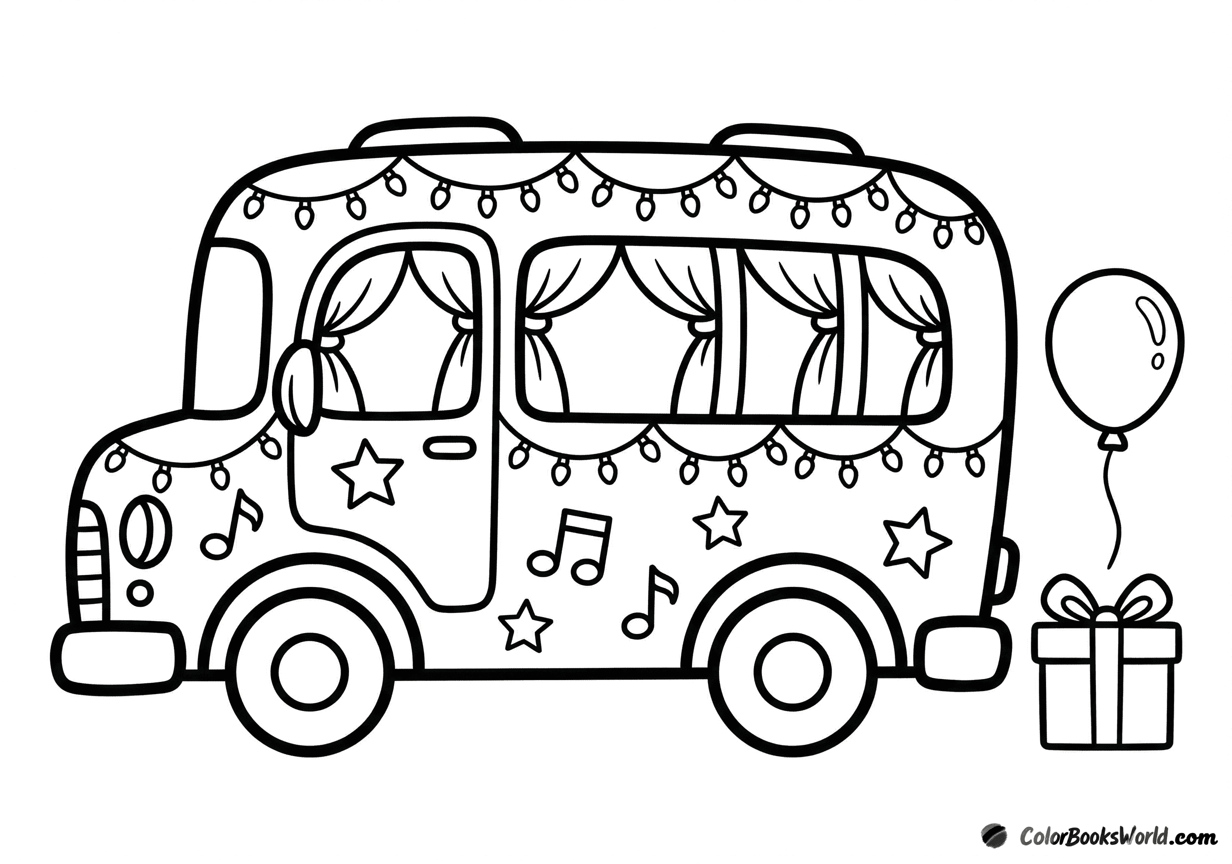 Cartoon party bus in side view with decorative lights, a balloon, and a gift box beside it.