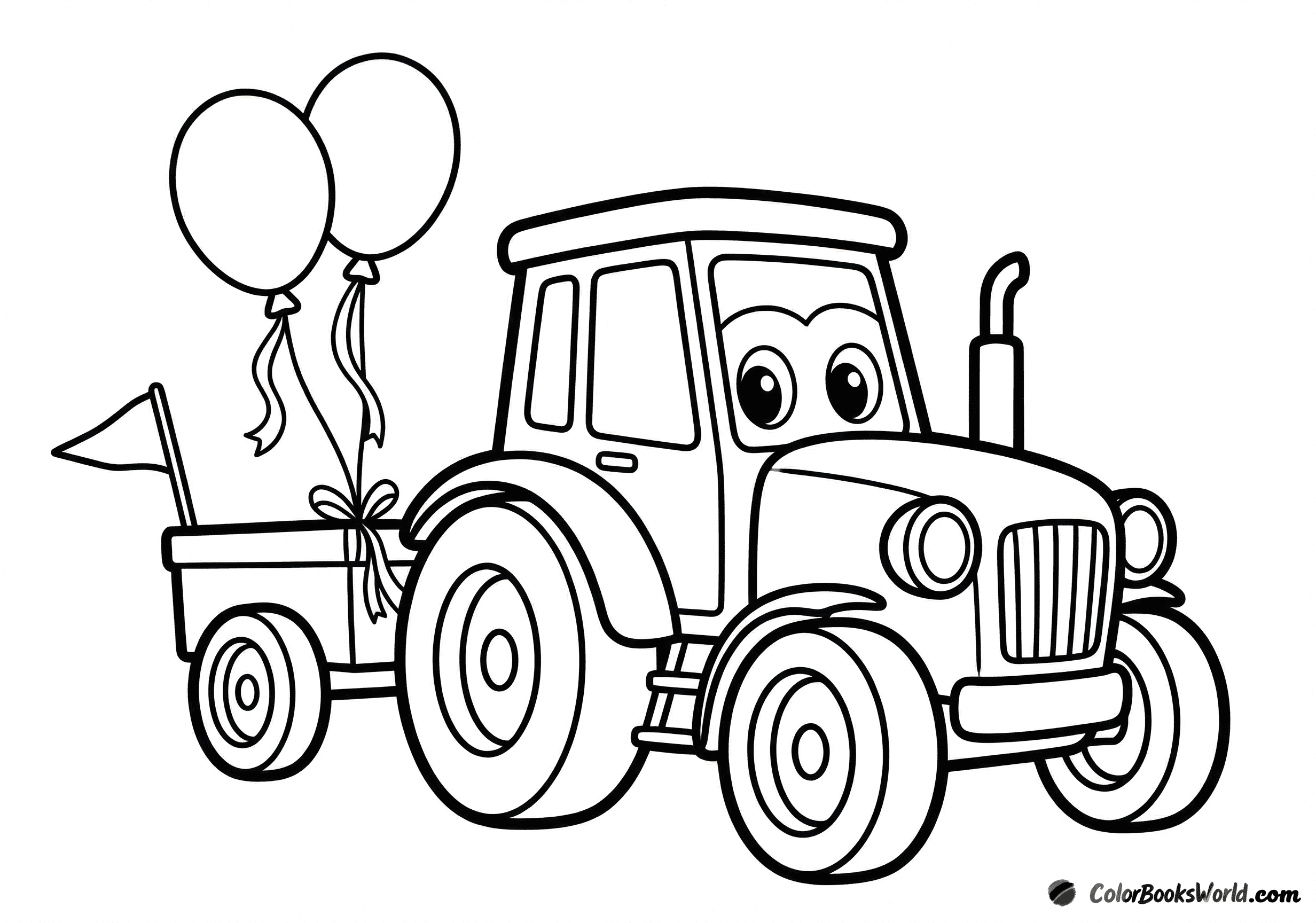 Cartoon tractor in 3/4 view with two balloons and a small pennant flag tied to the back.