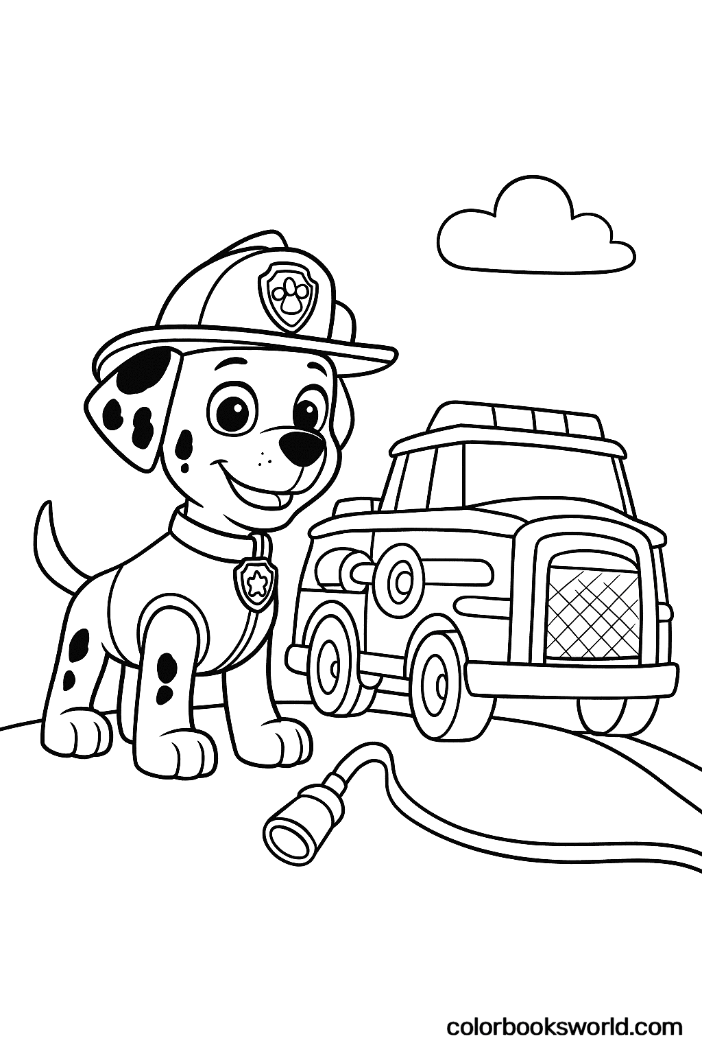 Marshall smiles beside his fire truck, with a rescue hose lying in the foreground.
