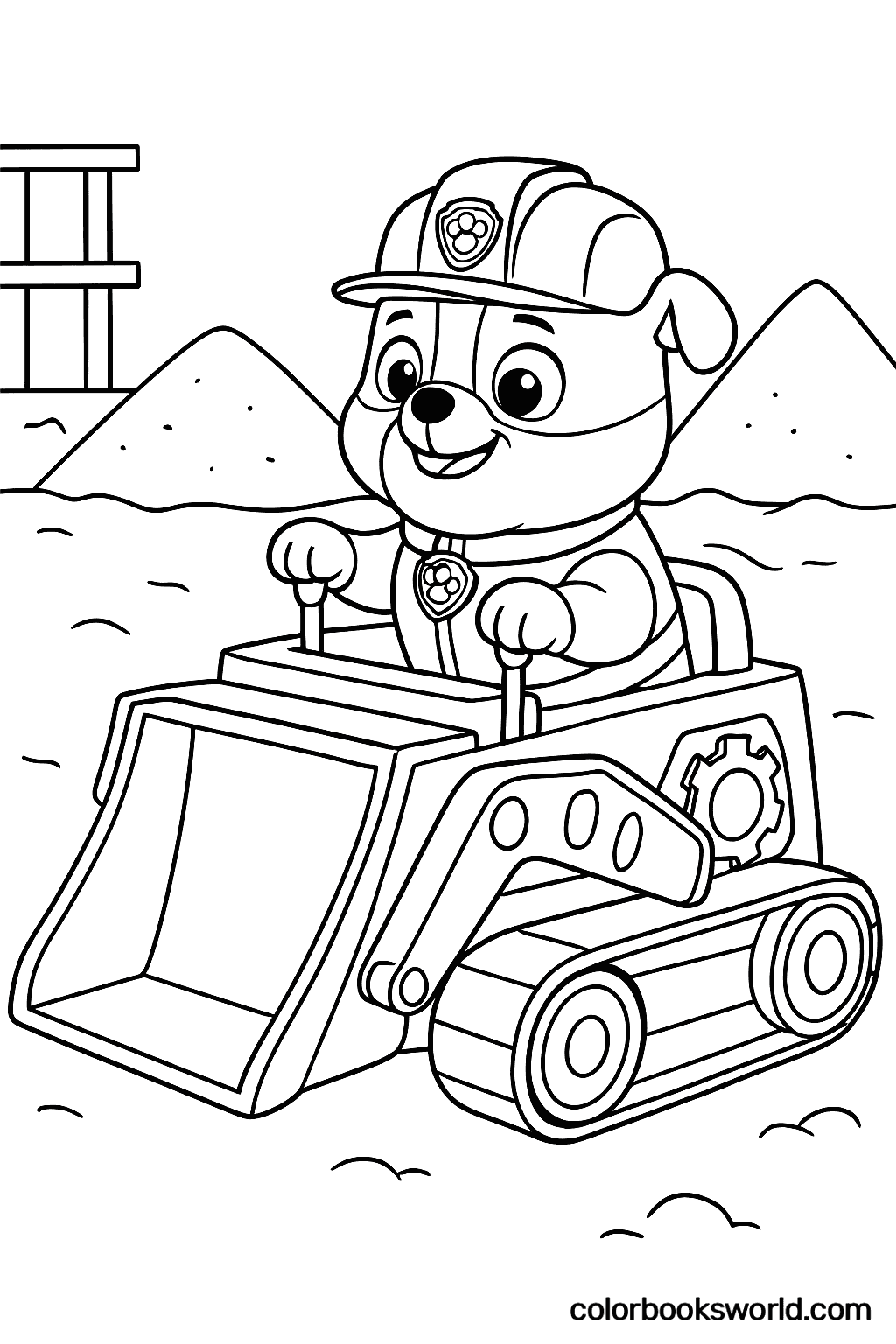 Rubble kör en liten bulldozer på en sandig byggarbetsplats, med sandhögar och ett staket i bakgrunden.