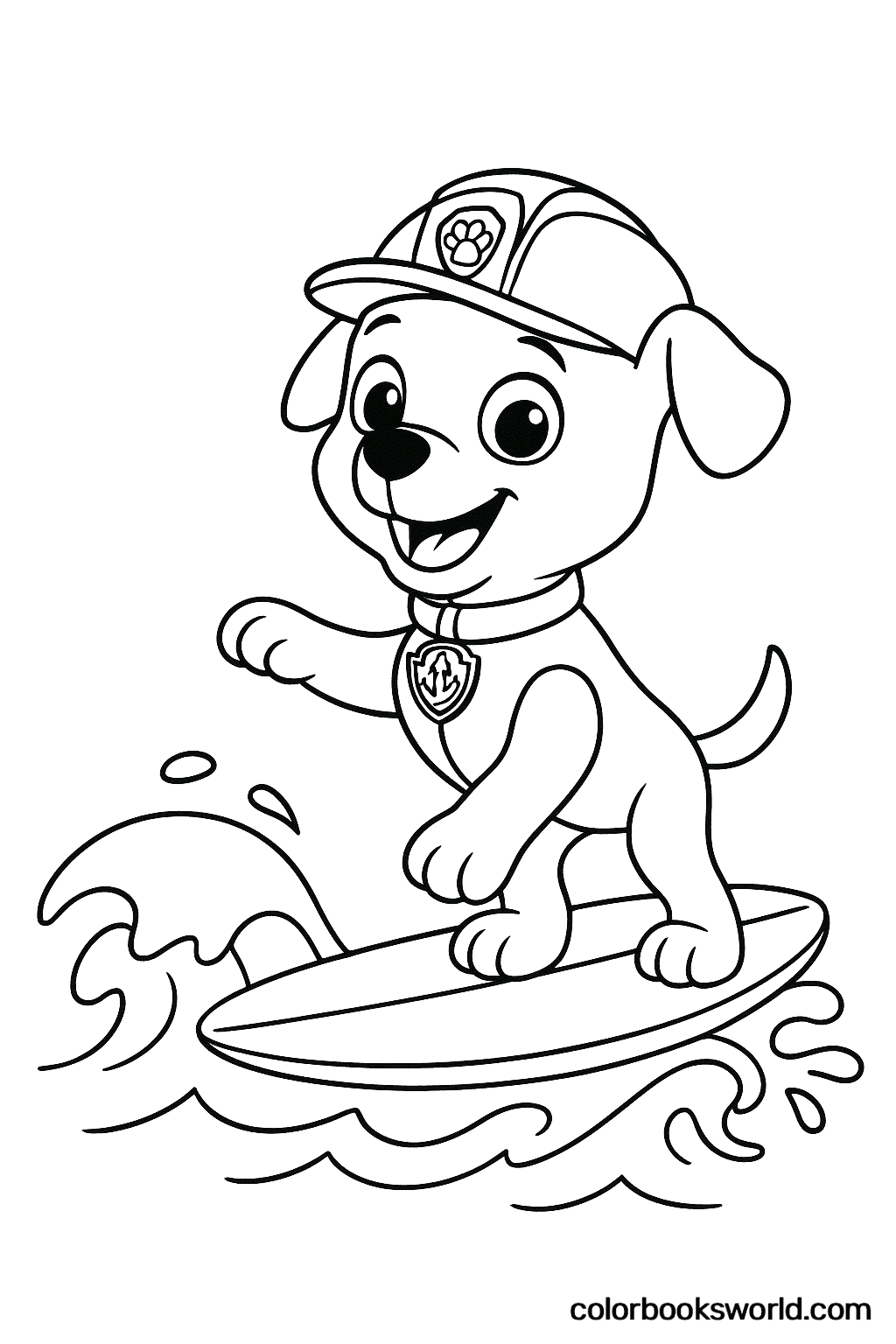 Zuma stands on a surfboard, riding a wave and waving as he surfs.