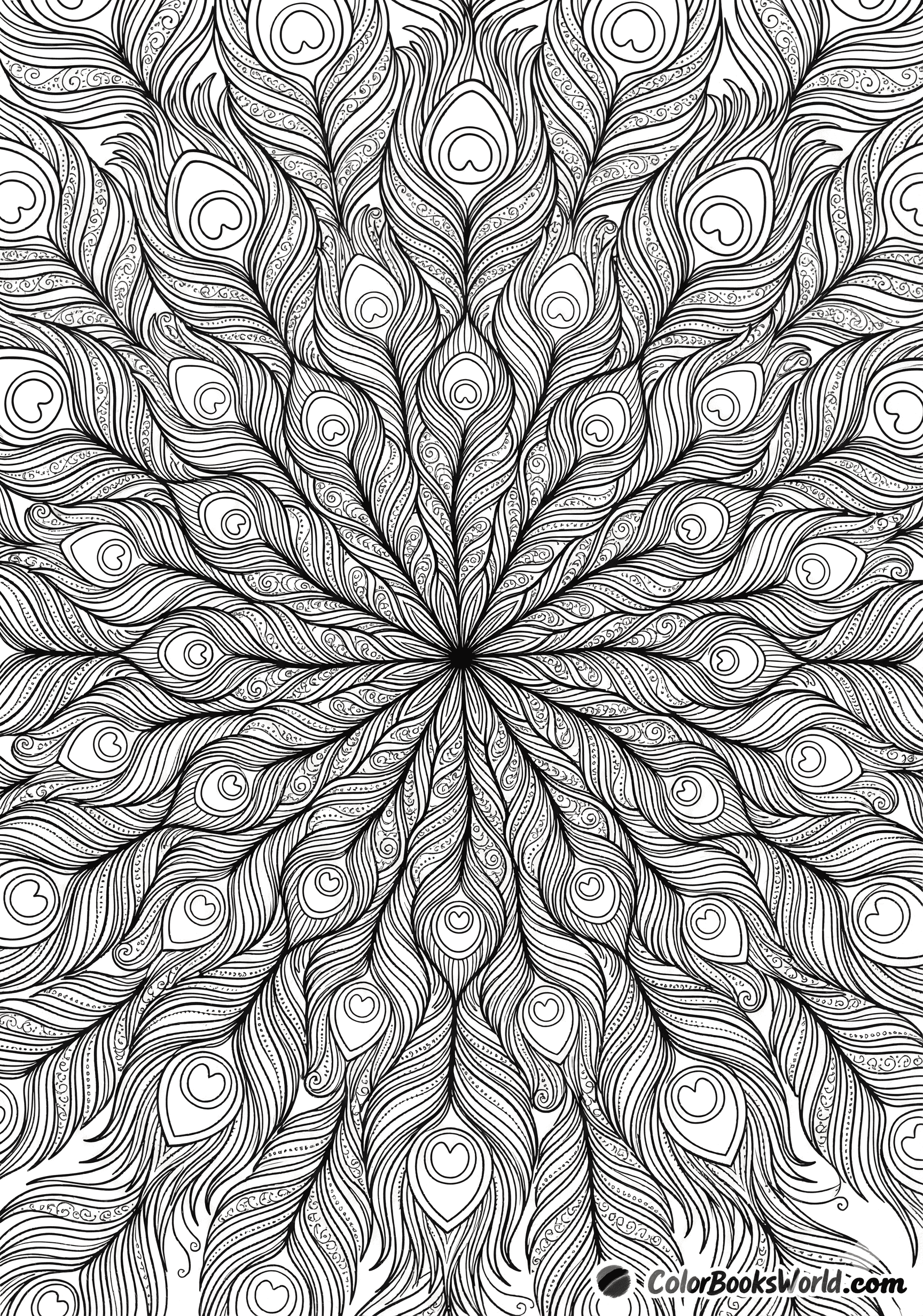 Detailed line art of peacock feathers arranged in a radial mandala pattern with intricate barbs and eye motifs.
