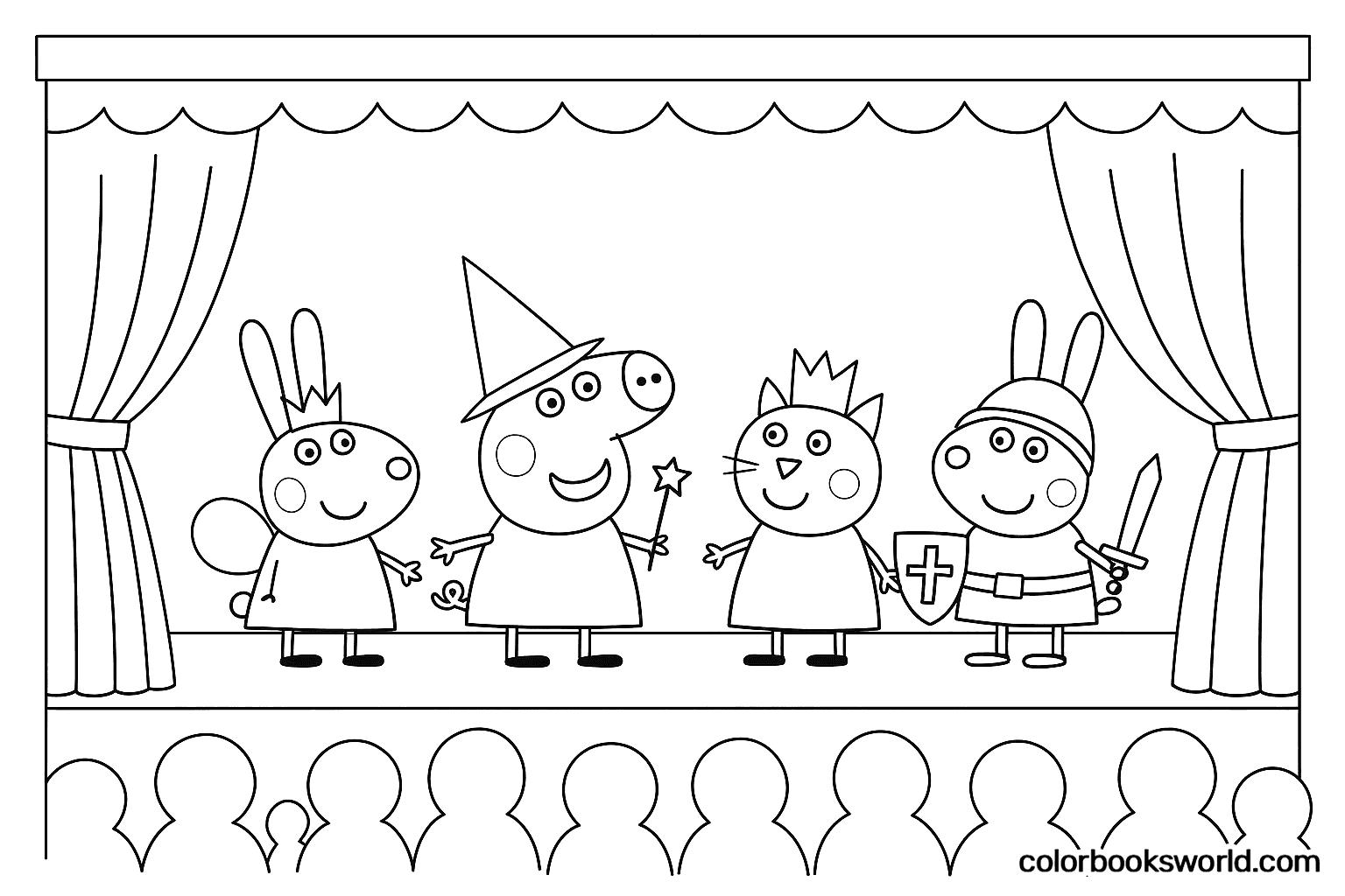 Peppa dressed as a wizard with Suzy as a fairy, Candy as a princess and Rebecca as a knight on a theater stage.