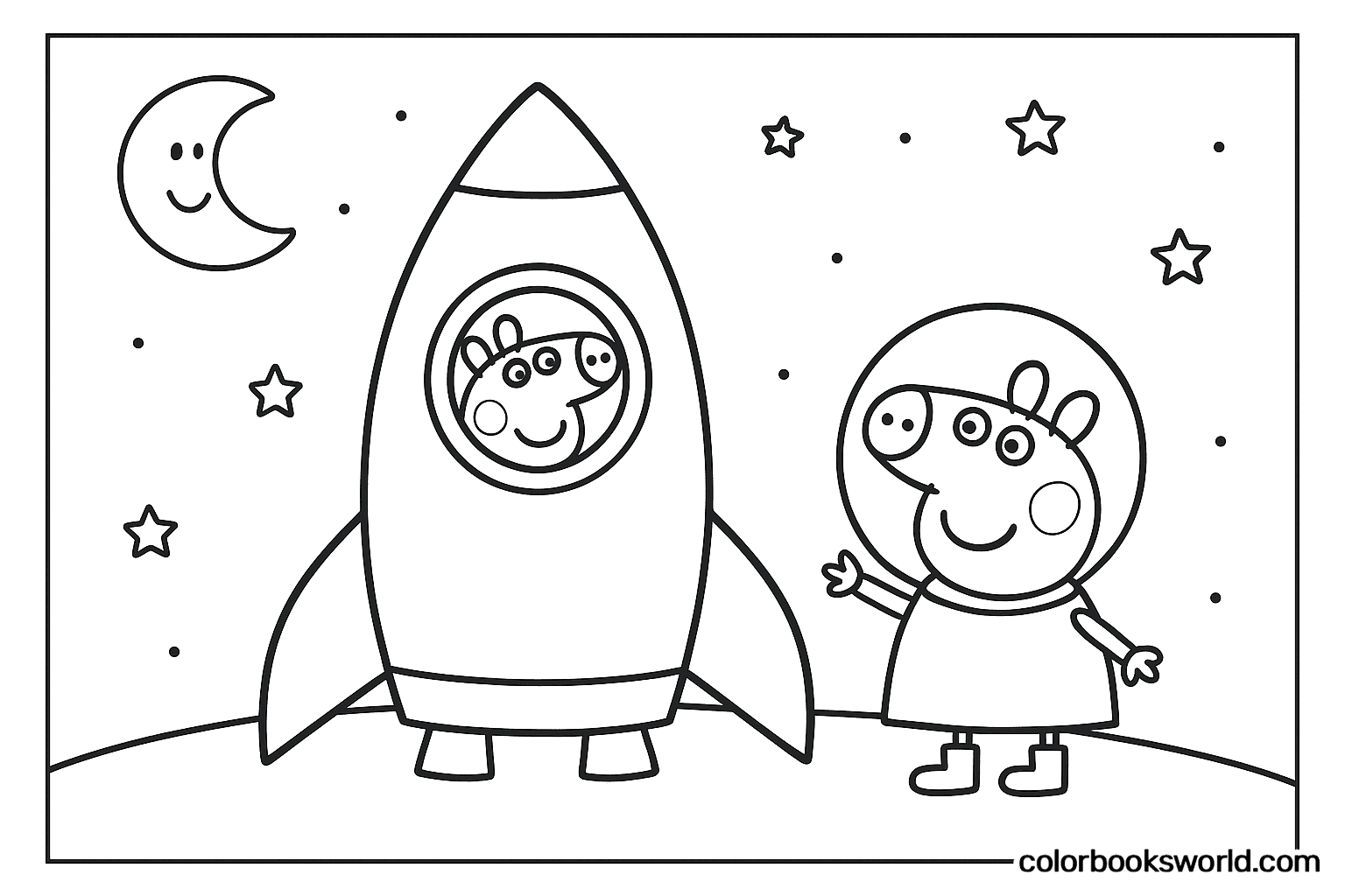 Peppa Pig and George in space helmets stand beside a rocket on a starry, moon-like surface.