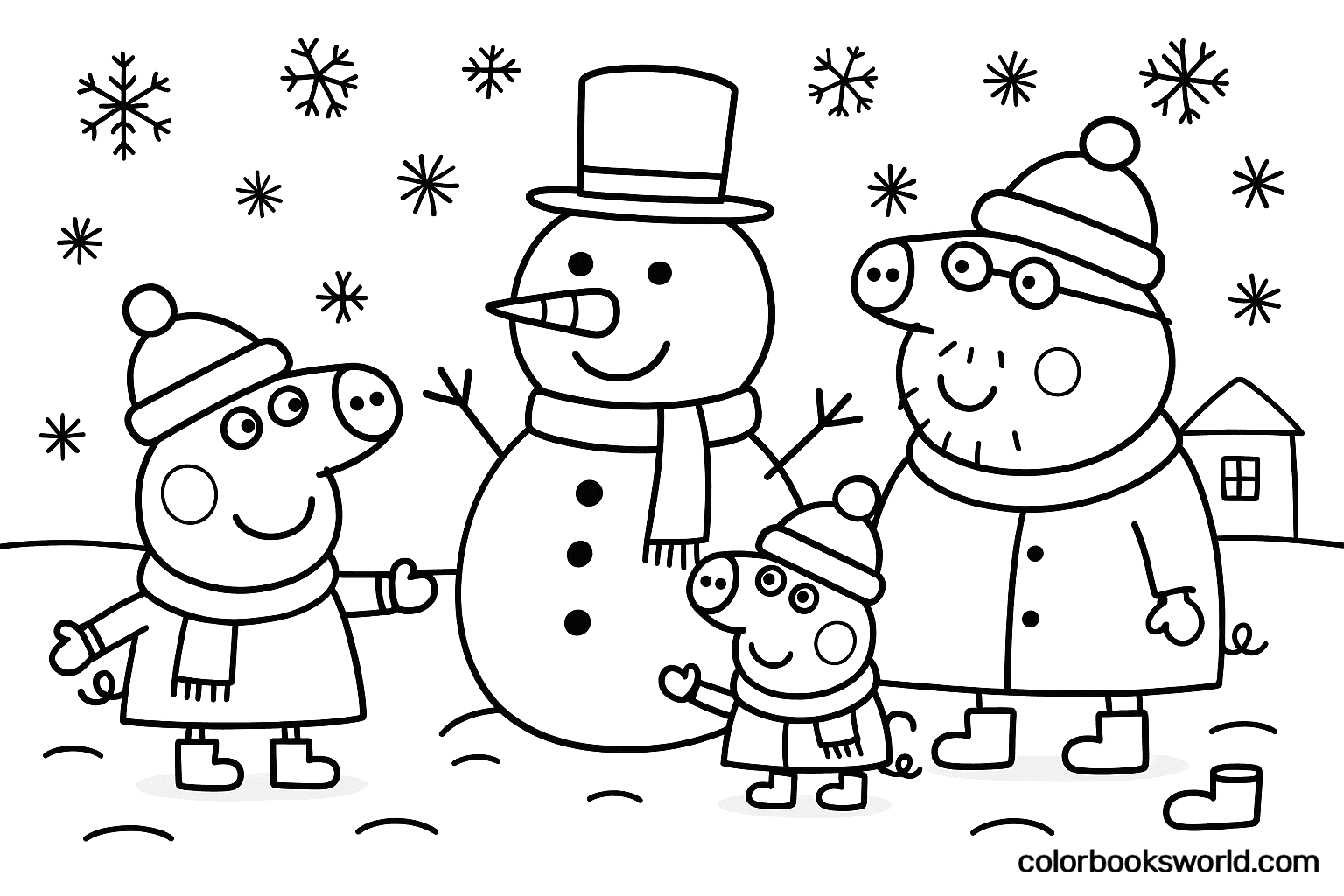 Peppa, Daddy Pig and George stand beside a smiling snowman as snowflakes fall in the yard.