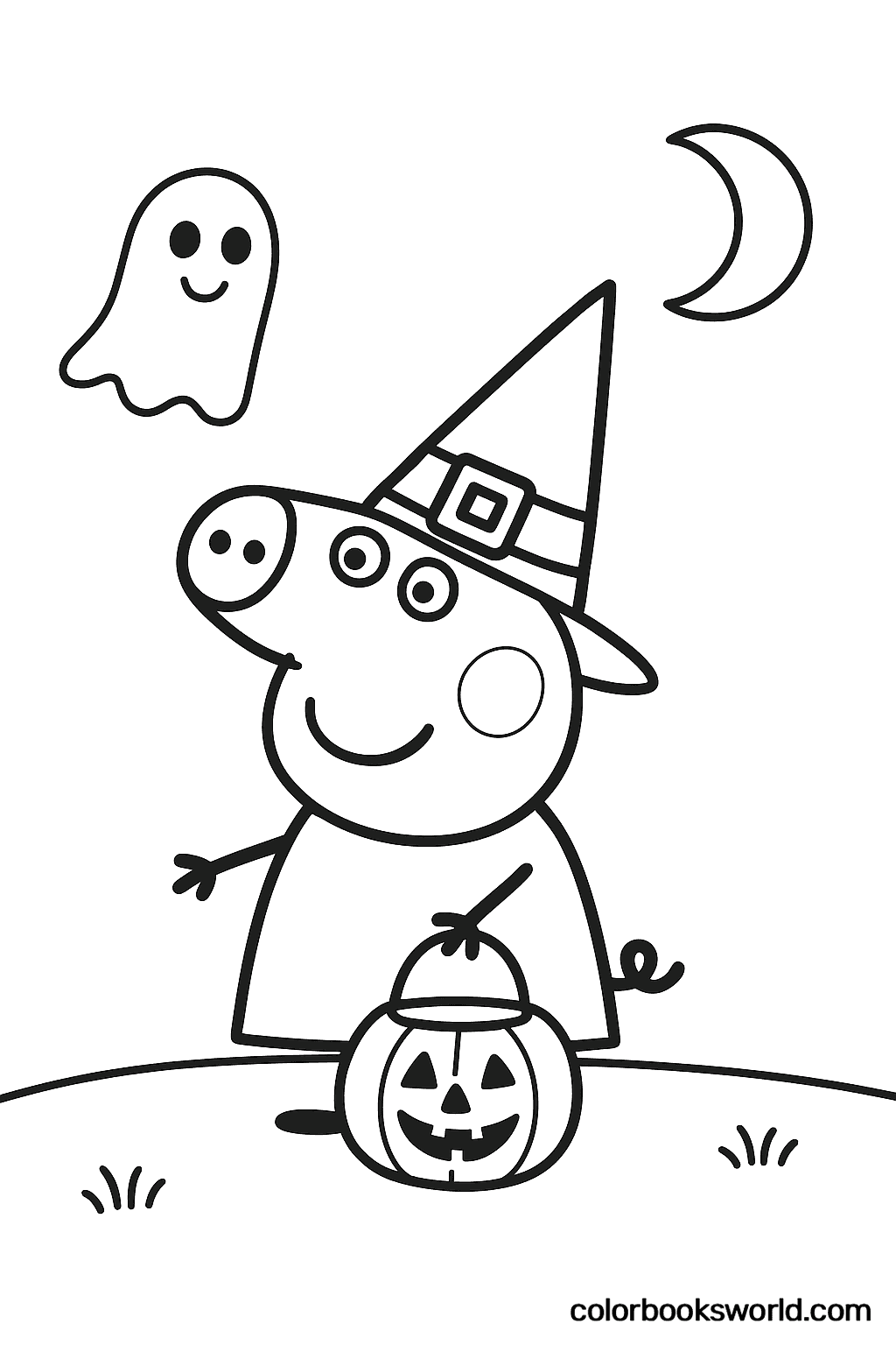Peppa dressed as a witch holds a pumpkin bucket and smiles at a friendly ghost under the moon.