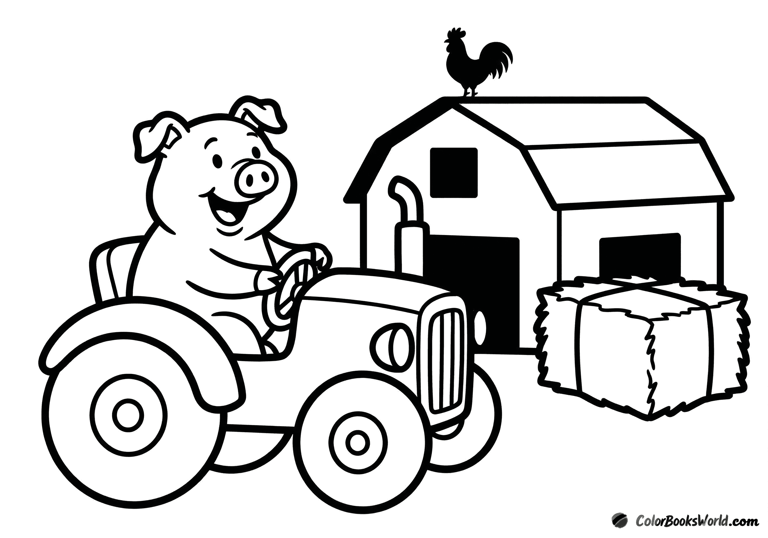 A happy pig drives a small cartoon tractor in front of a barn, with a hay bale nearby.
