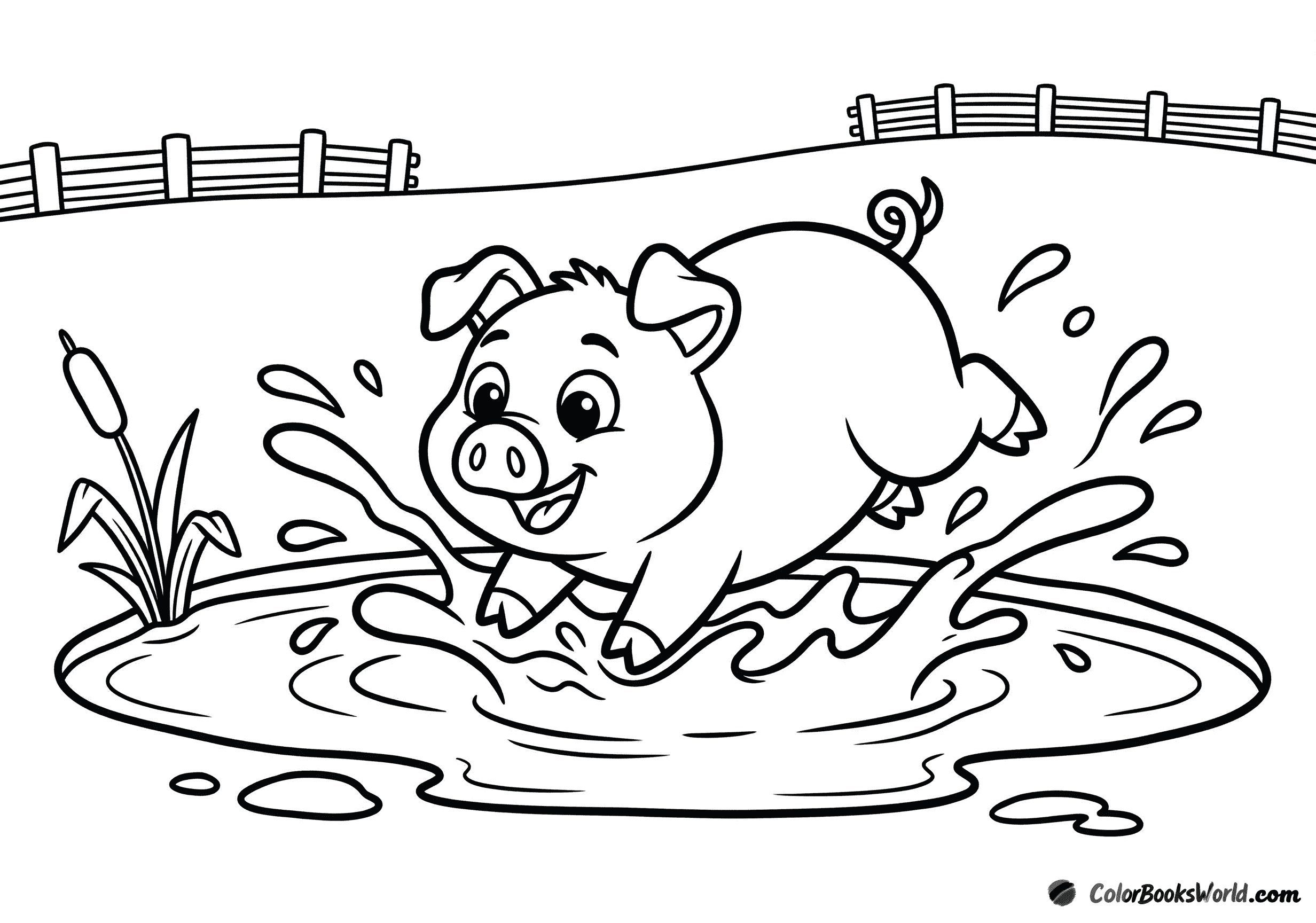 A chubby piglet jumps into a muddy puddle, sending big splashes into the air.