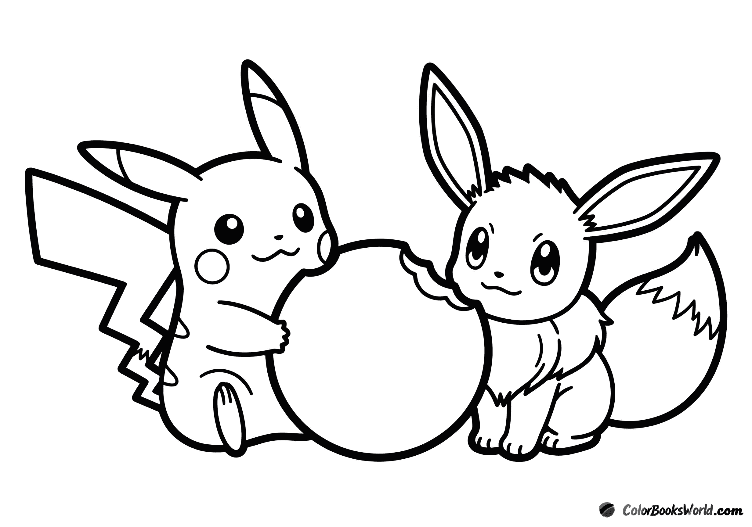 Pikachu and Eevee sit side by side, sharing a large snack in a simple outline.