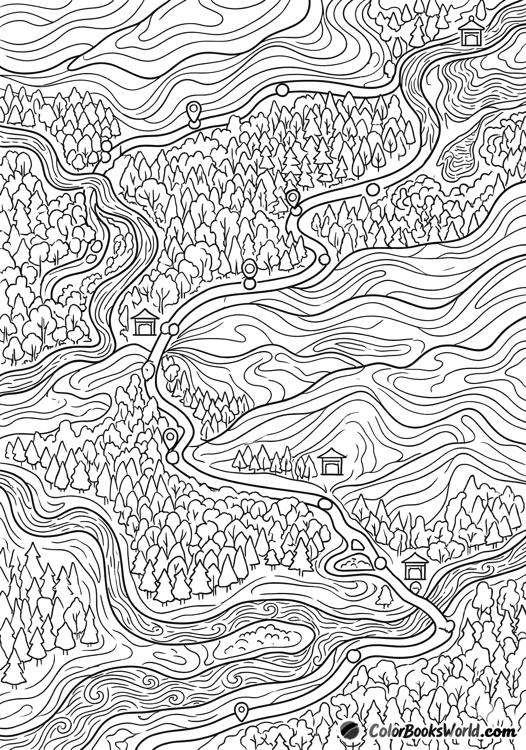 Detailed line art of a winding pilgrimage path through forests and hills with small shrines and waypoints.