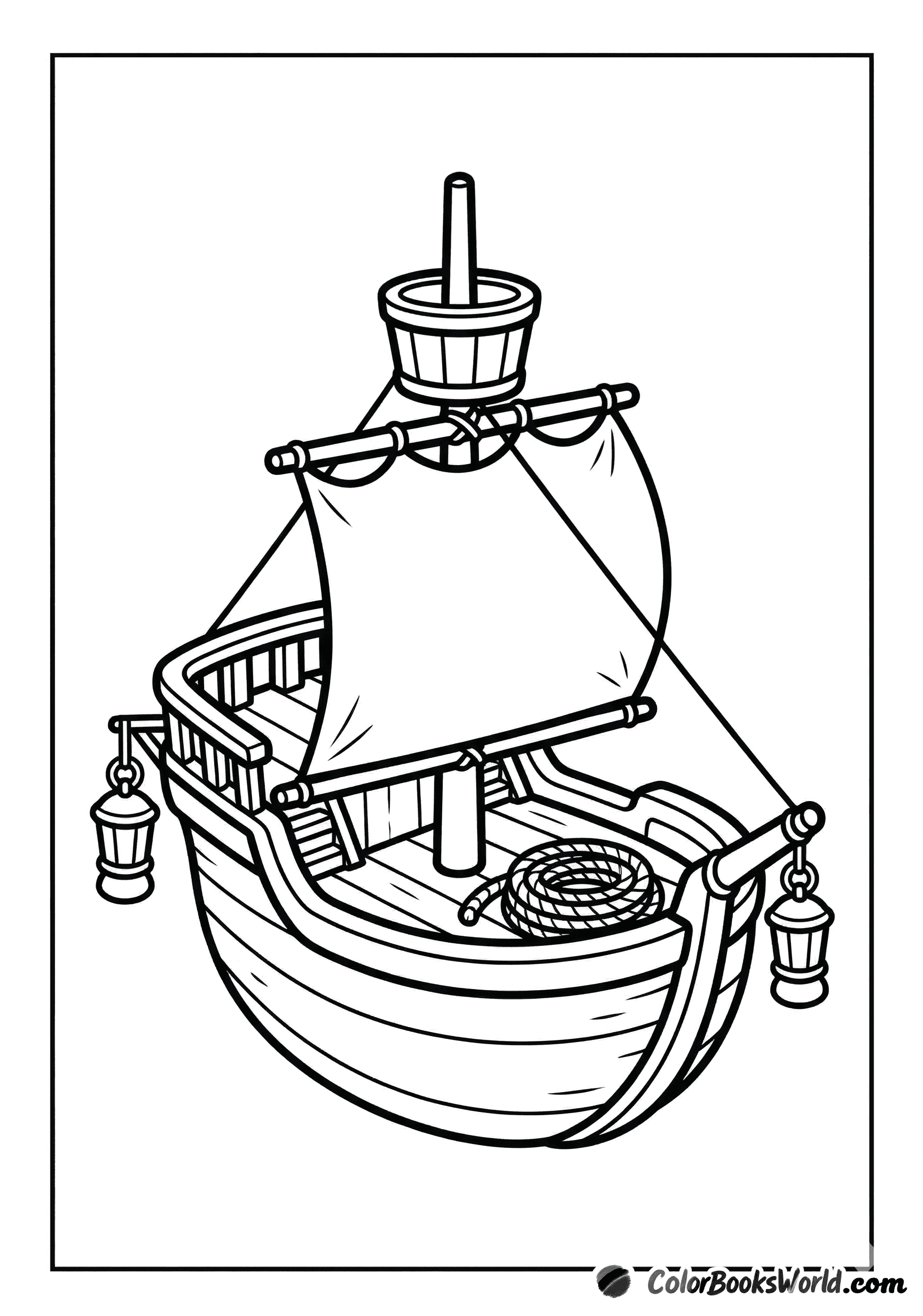 A sleek cartoon pirate cutter with a small lifeboat on the side and an oar on the deck.
