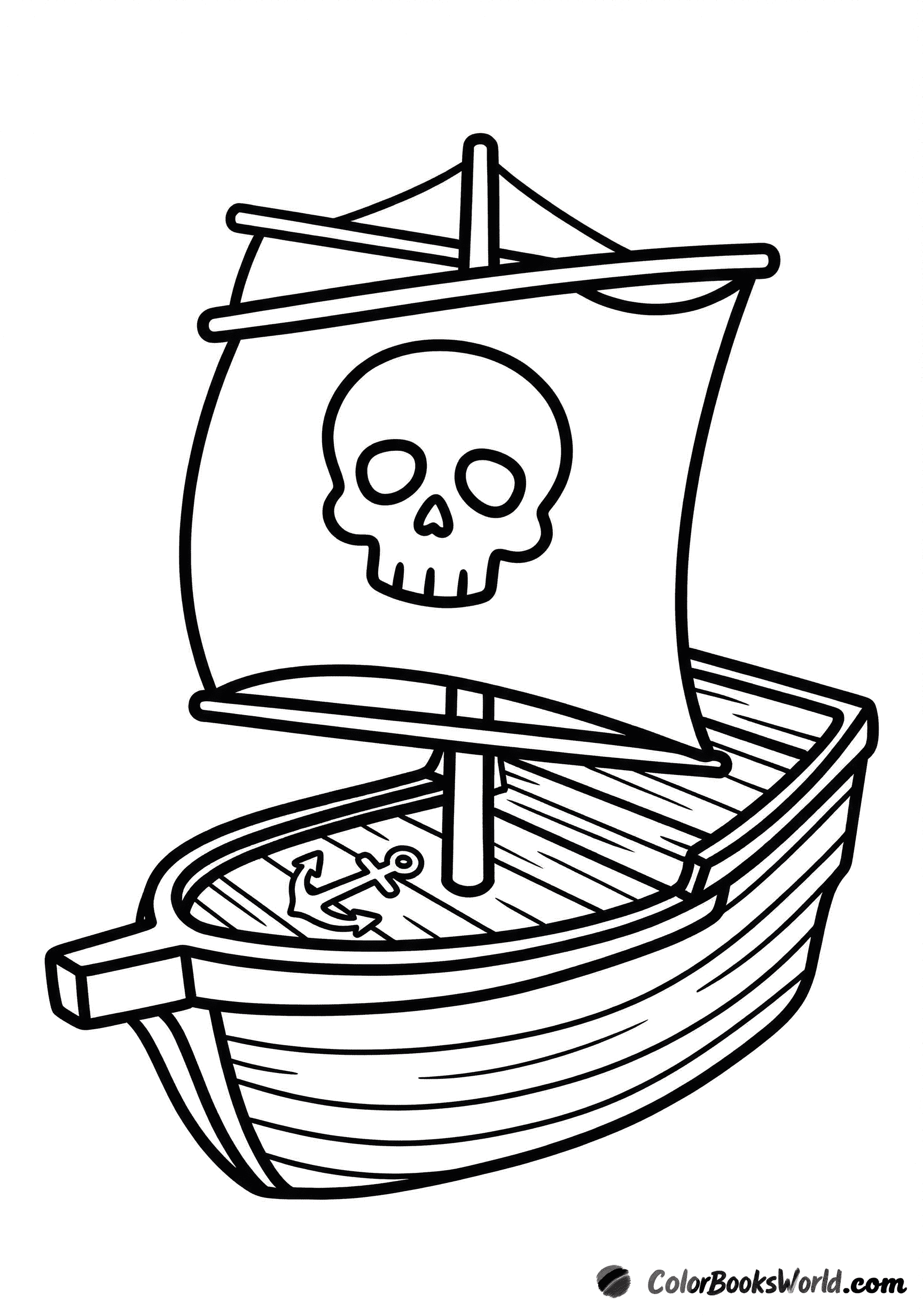 Cartoon pirate ship with a large sail showing a simple emblem and a small anchor on the deck.