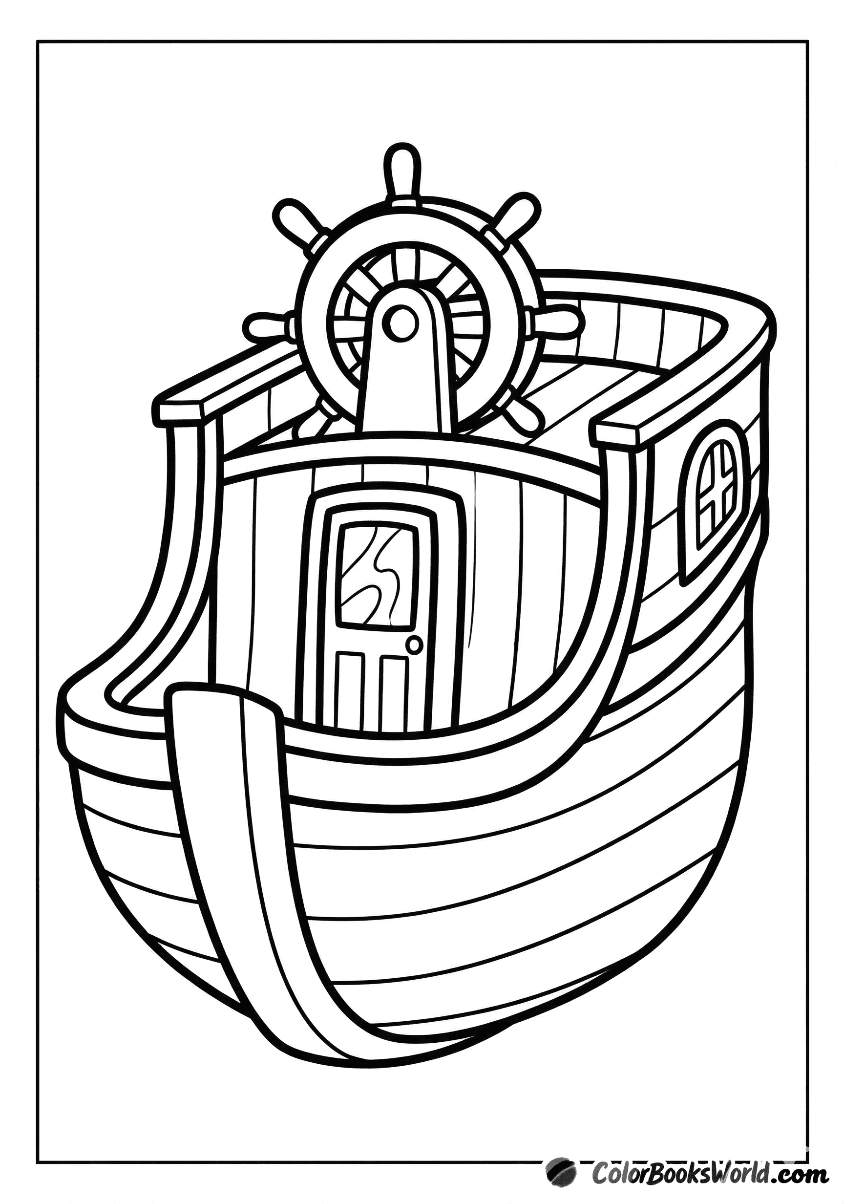 Rear view of a cartoon pirate ship with a large steering wheel and a cabin window.