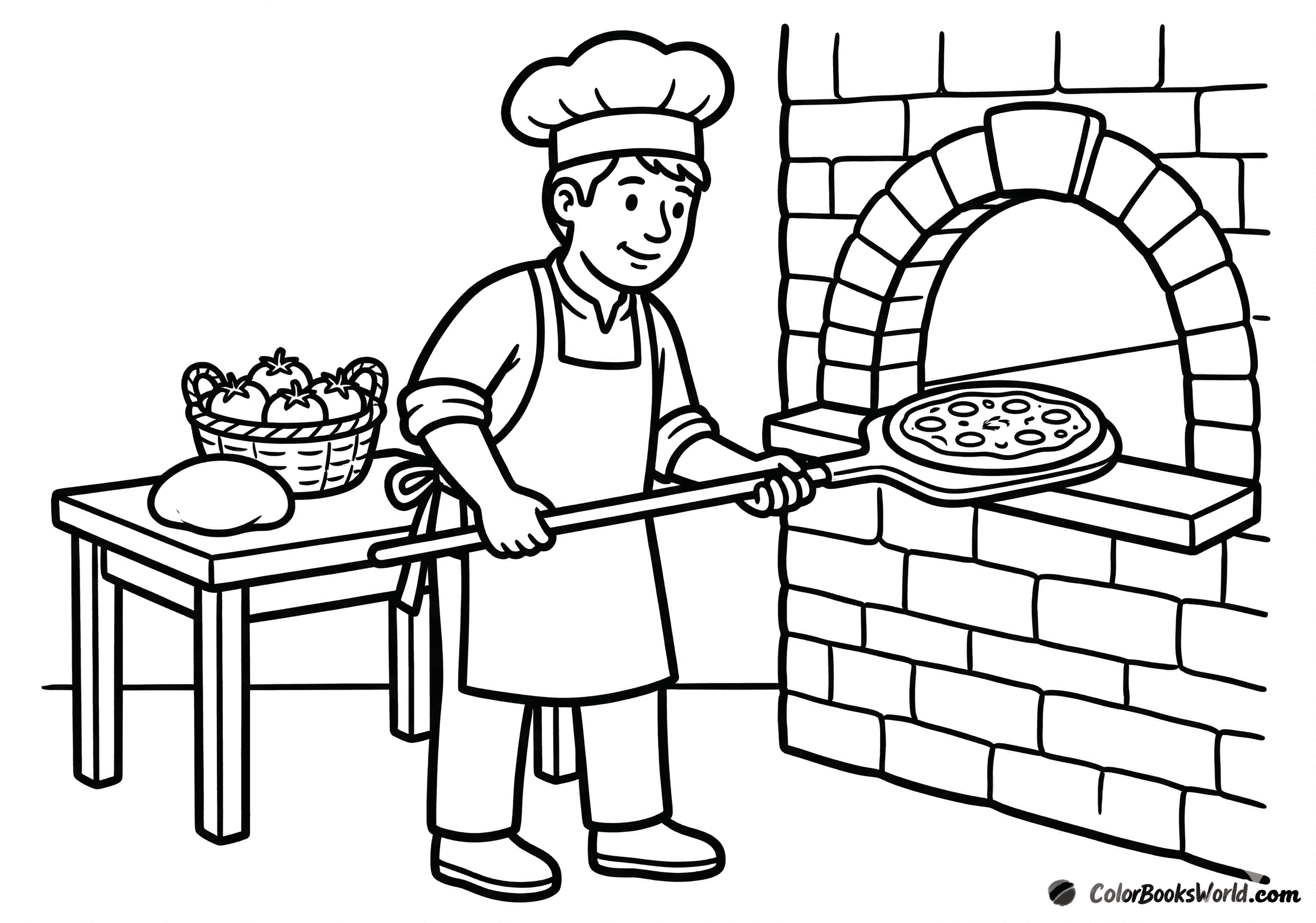 A pizza chef uses a long peel to put a pizza into a brick oven next to a table with dough and tomatoes.