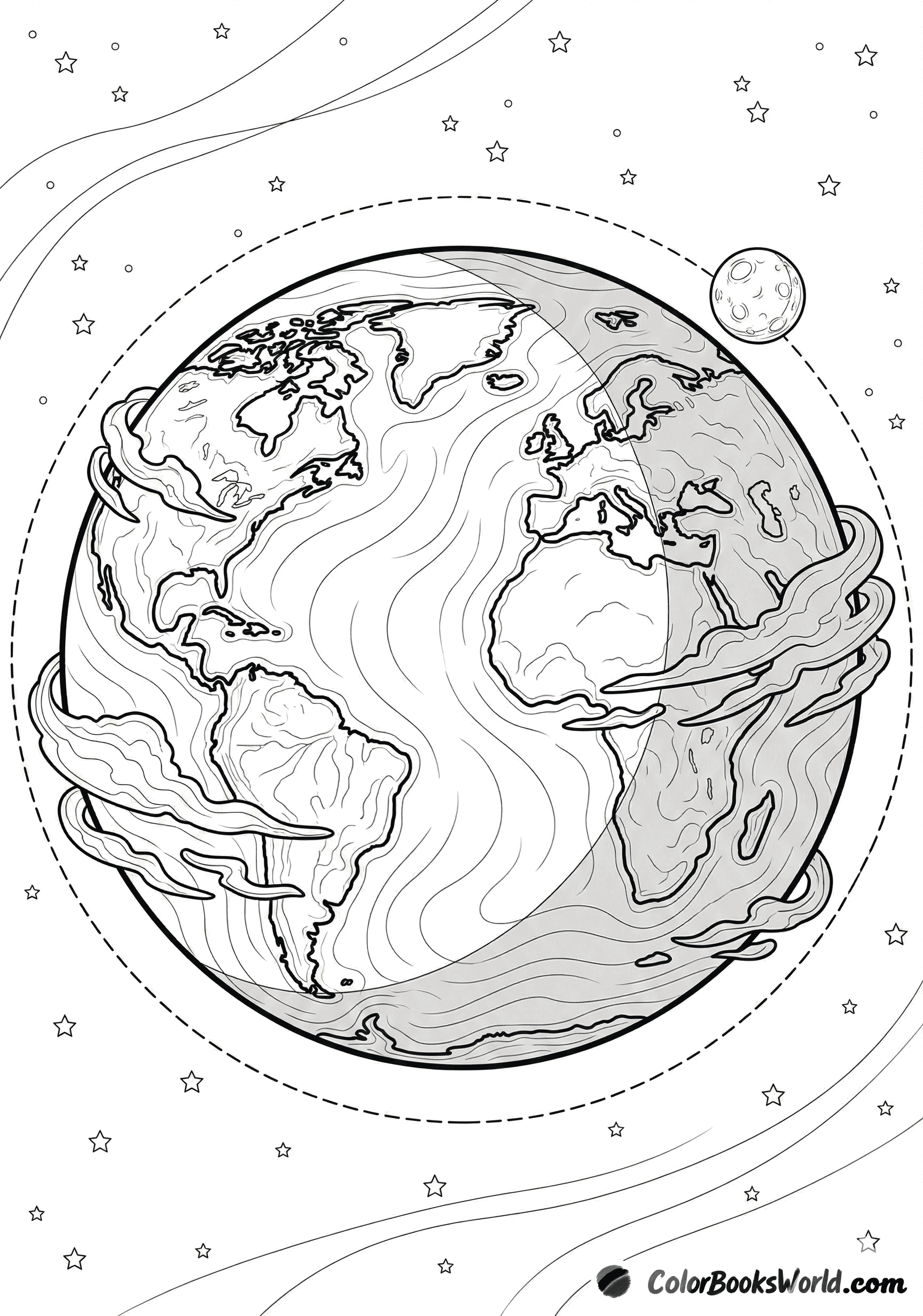 Earth with visible continents and swirling clouds, with the Moon nearby in orbit.