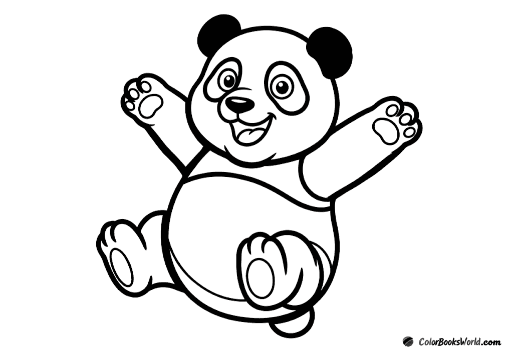 A happy panda cub jumping in the air with its paws stretched out.