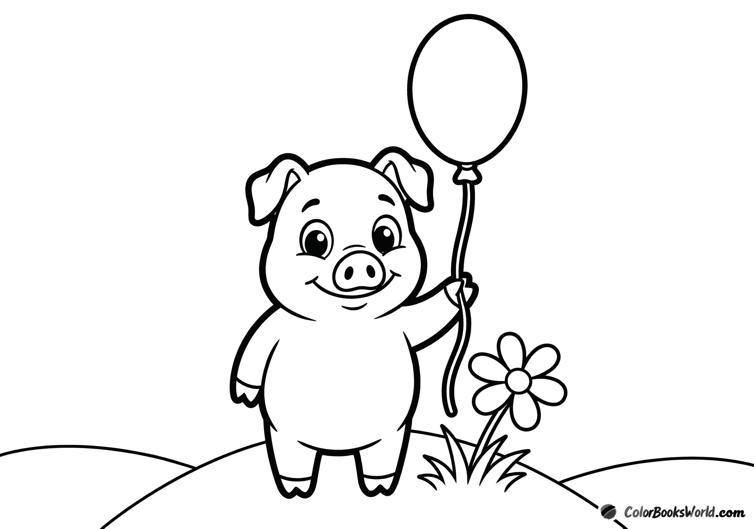 A smiling piglet stands on a grassy hill holding a round balloon beside a daisy.