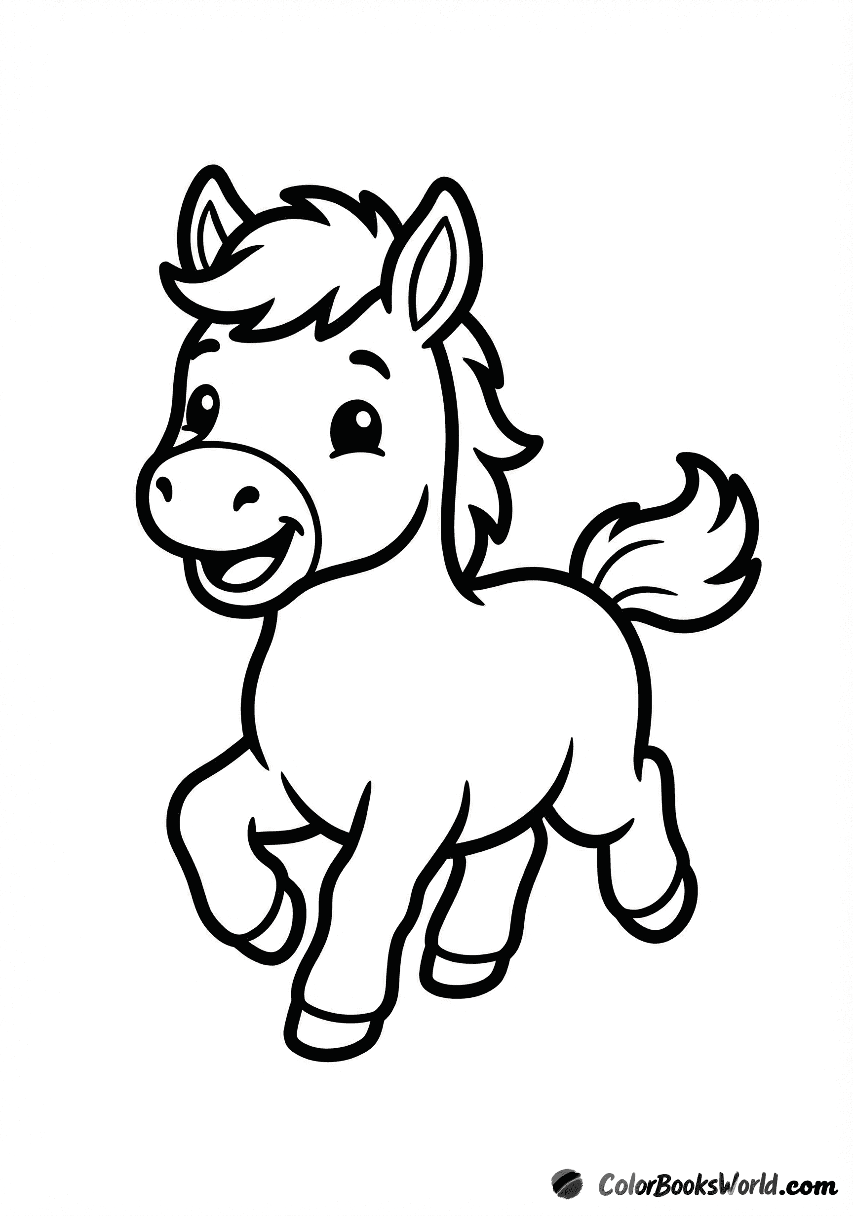 A cute foal runs forward with lifted front legs and perked ears.