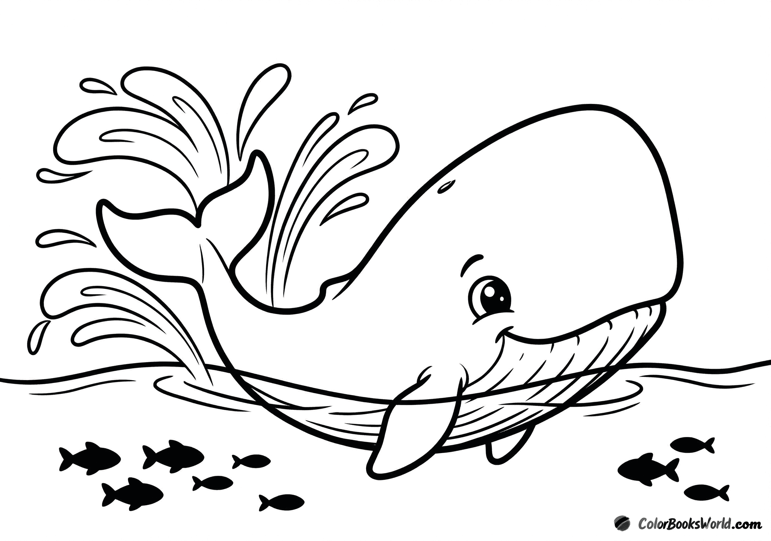 A cute cartoon sperm whale slaps the ocean surface with its tail, making big splashes above small fish.