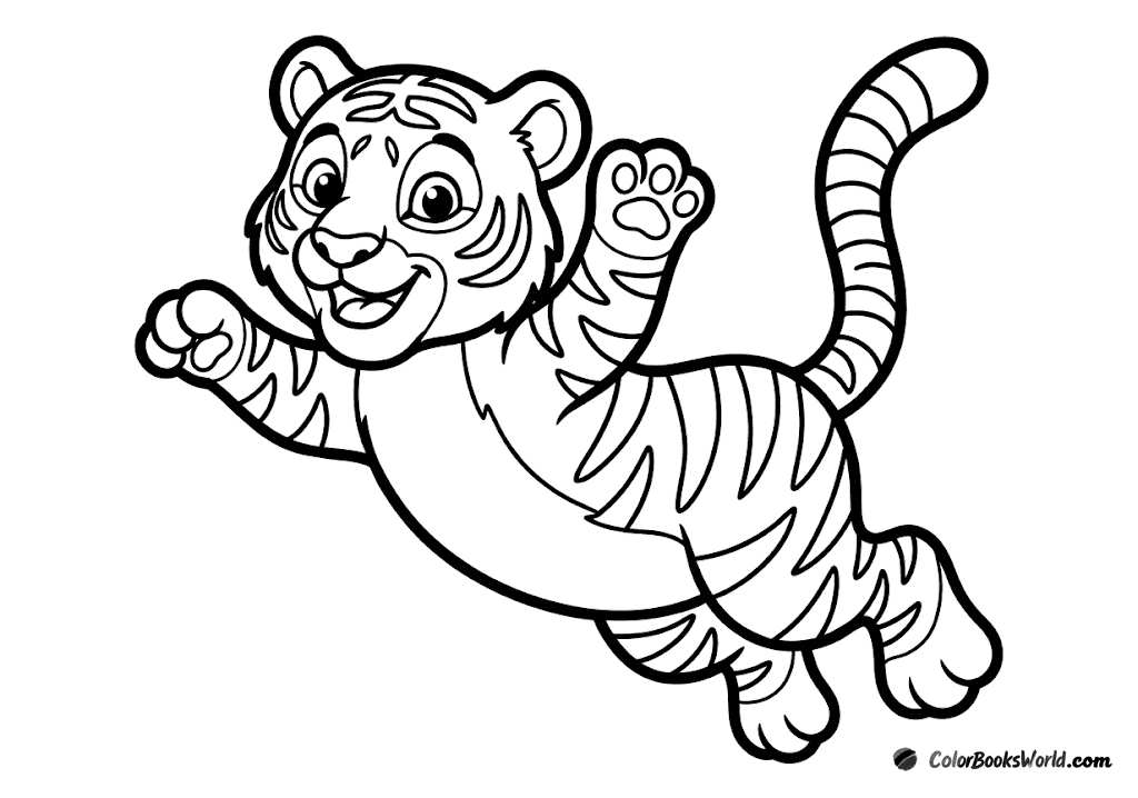 A happy tiger mid-jump with its front paws raised and a cheerful expression.