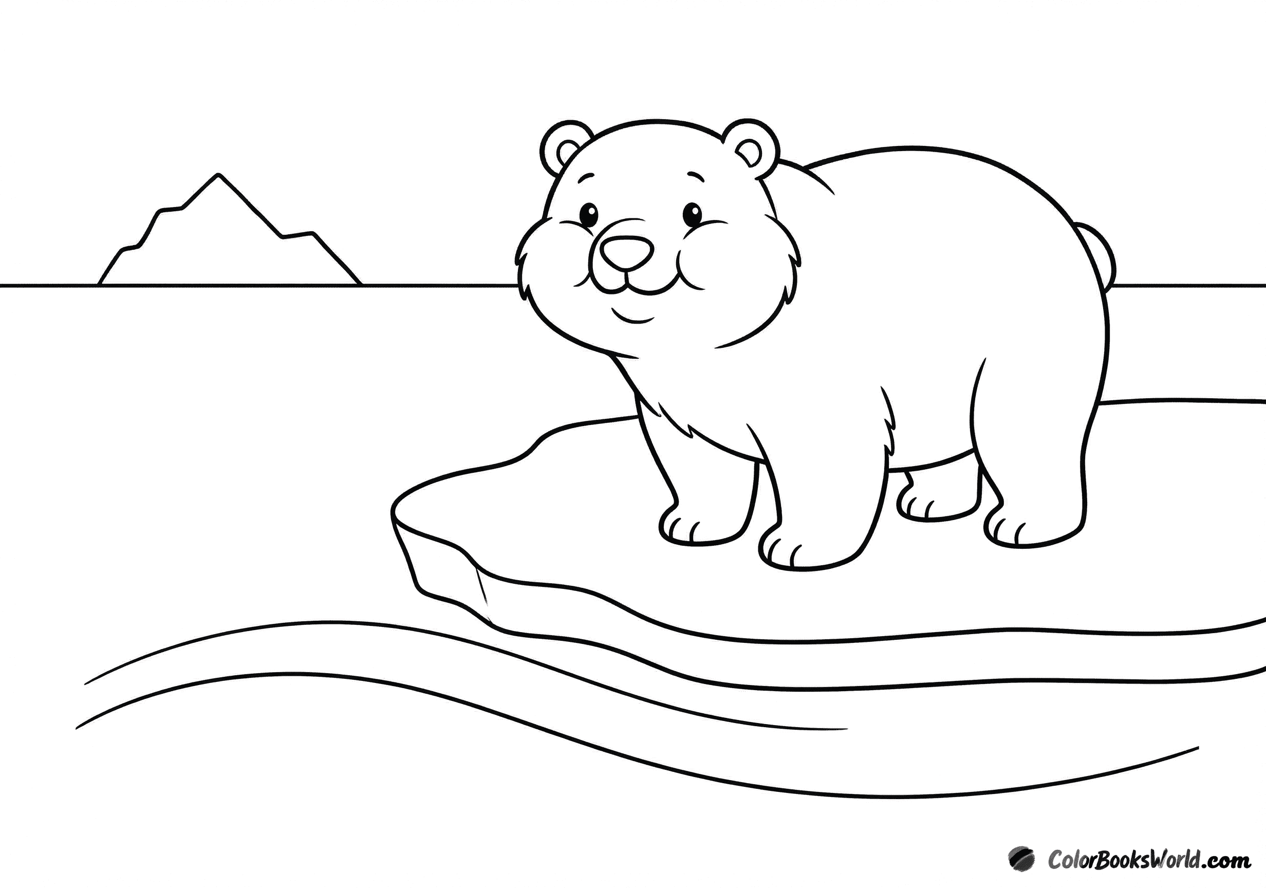 A cute cartoon polar bear stands on a floating ice floe with a distant iceberg and gentle waves.
