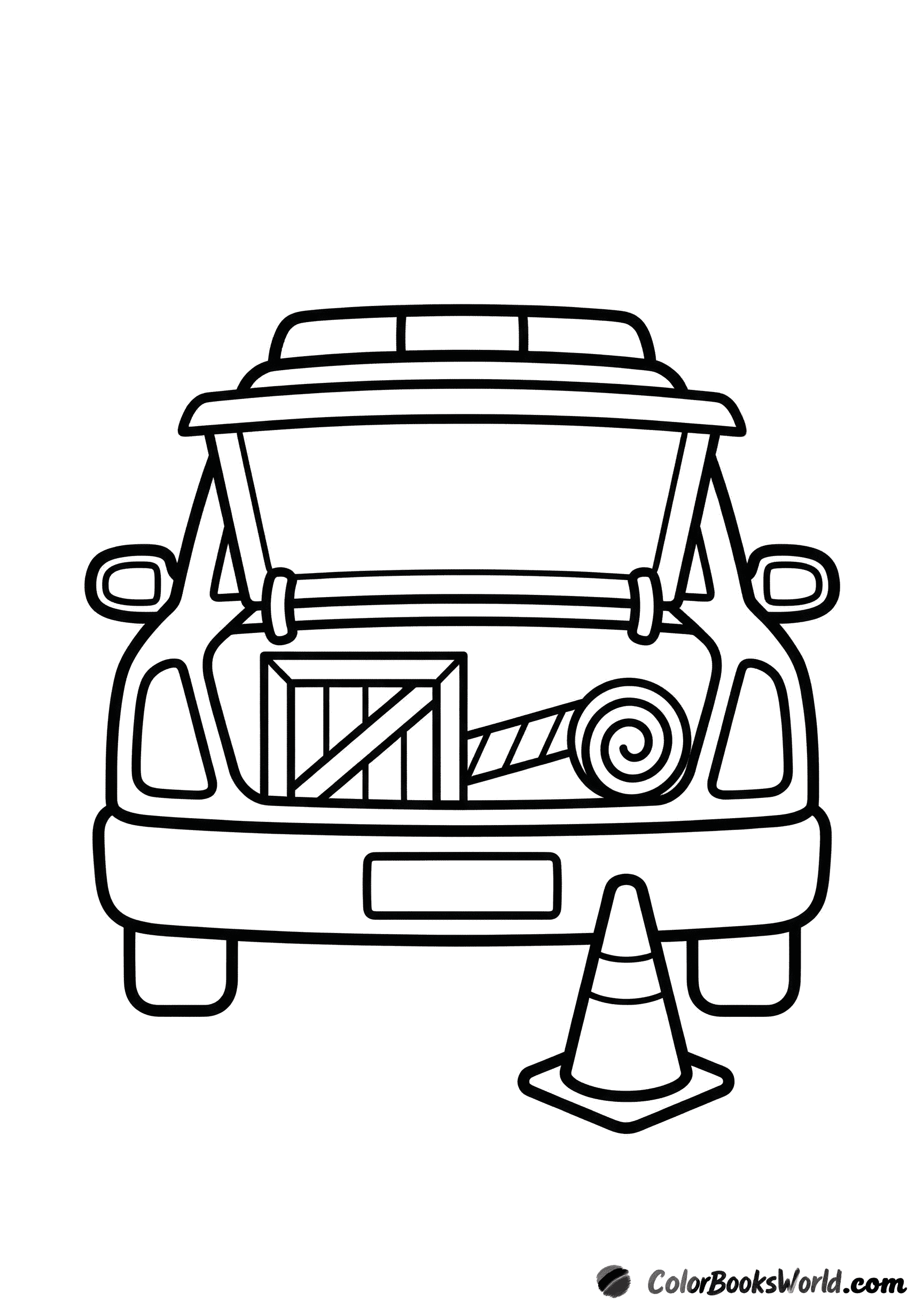 Rear view of a cartoon police car with an open trunk showing gear and a traffic cone nearby.