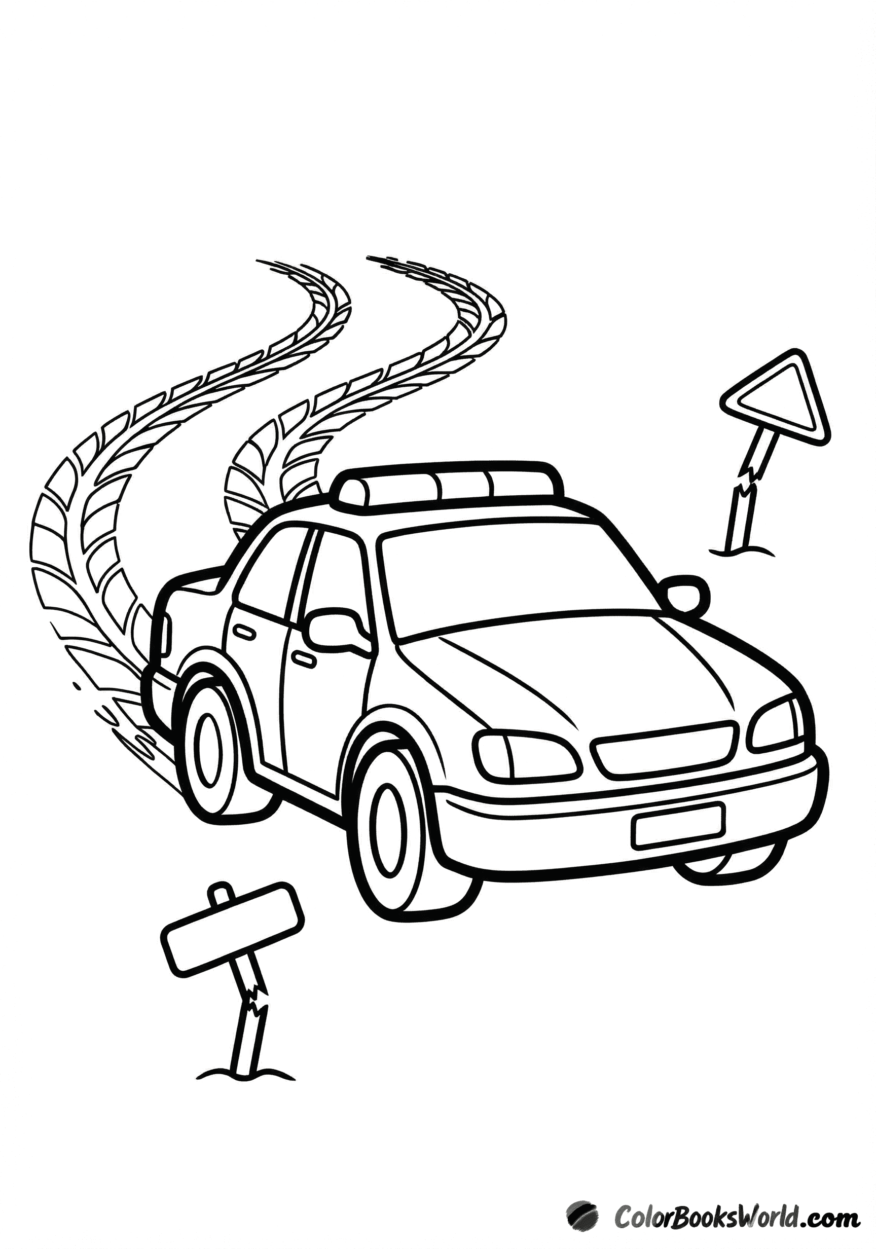 Cartoon police car in a 3/4 front view with tire tracks and a broken road sign.
