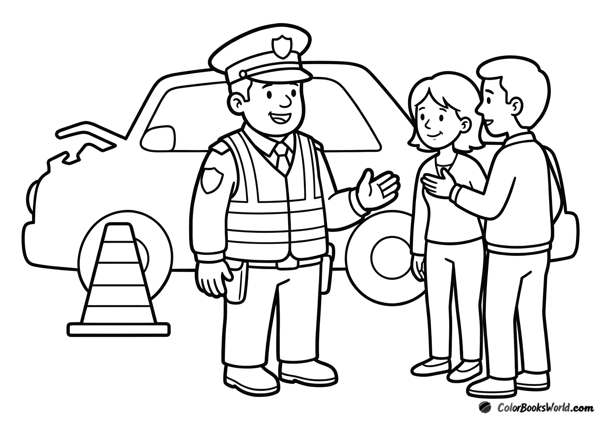 Police officer in a reflective vest helps people at a minor car accident beside a traffic cone.