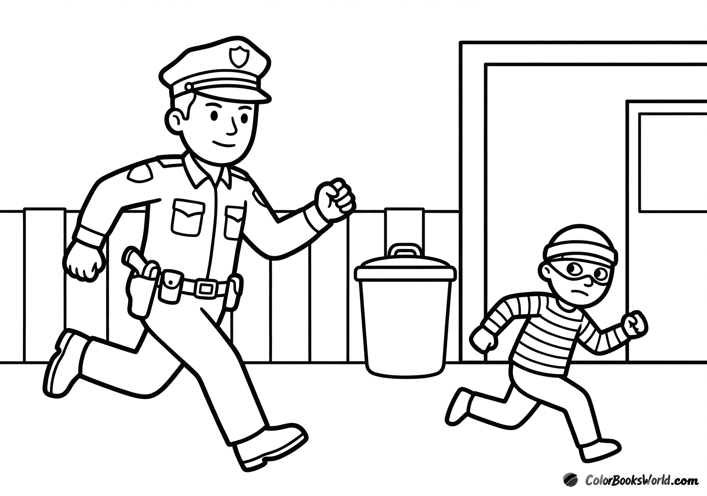 A police officer runs after a thief past a low fence, a trash bin, and a building wall.