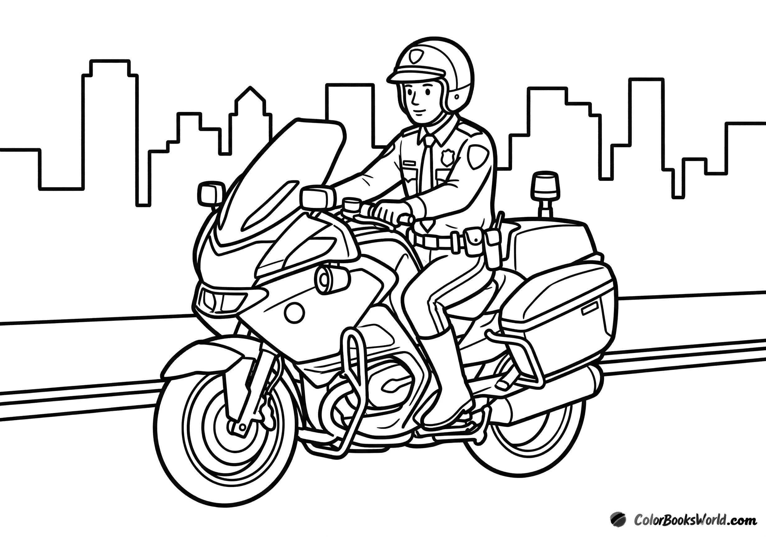 A uniformed police officer wearing a helmet rides a police motorcycle on a road with a city skyline behind.