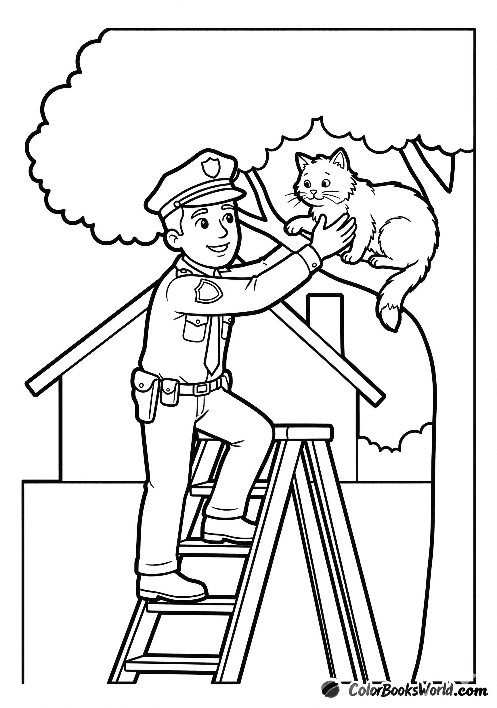 A police officer on a ladder reaches for a cat stuck in a tree beside a house roof.