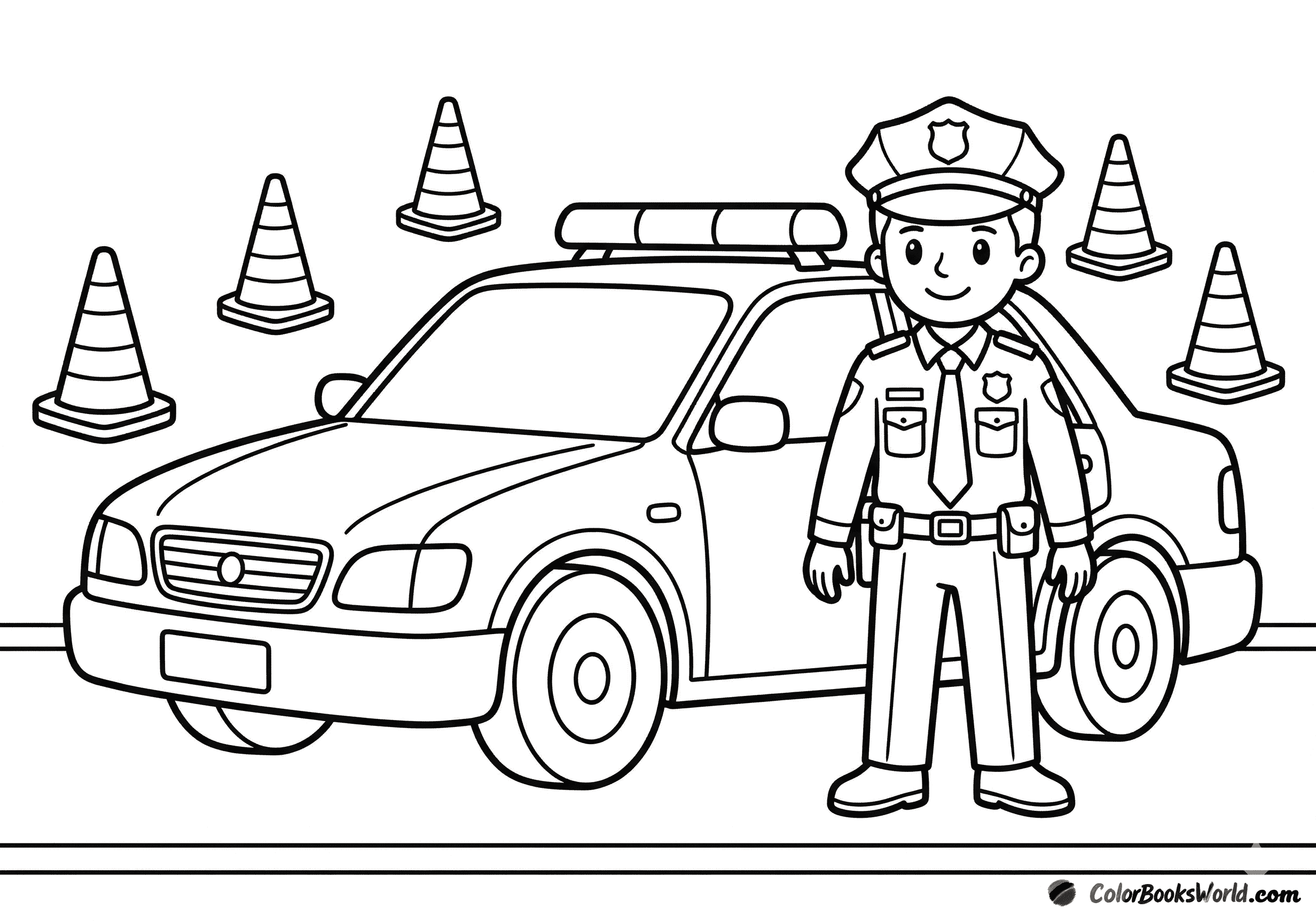 A police officer stands beside a patrol car on a training track with traffic cones.