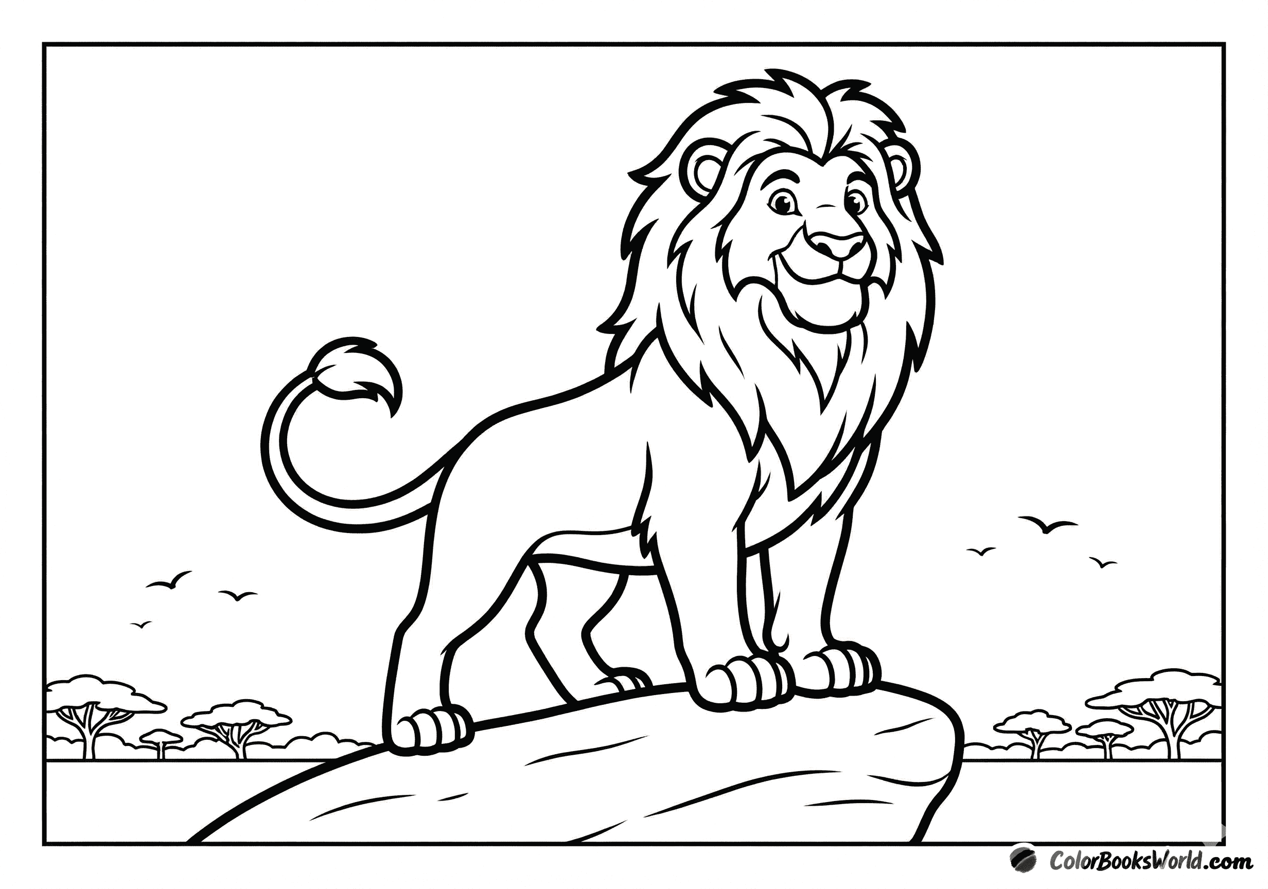 A majestic adult male lion stands on a rocky outcrop, looking over the savanna as birds fly in the distance.