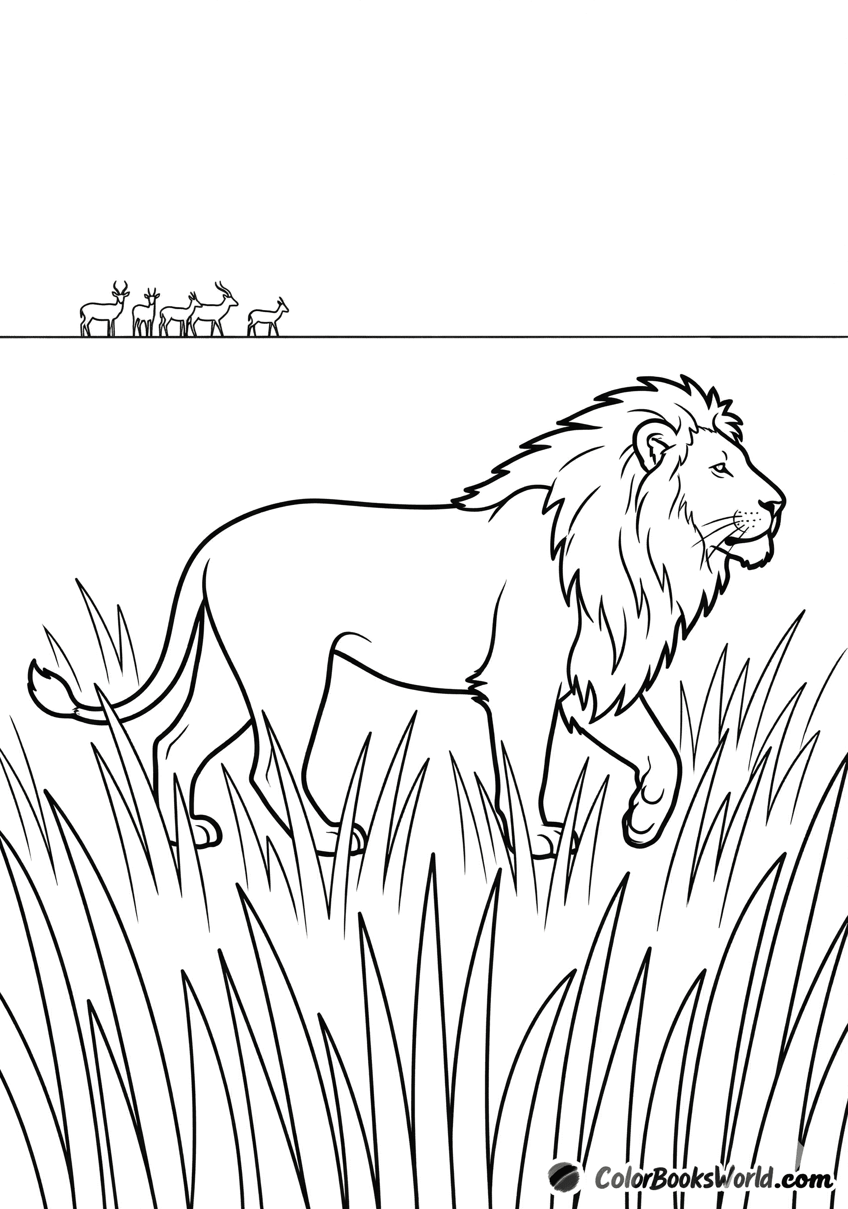A majestic lion walks through tall grass, with a small antelope herd silhouetted on the horizon.