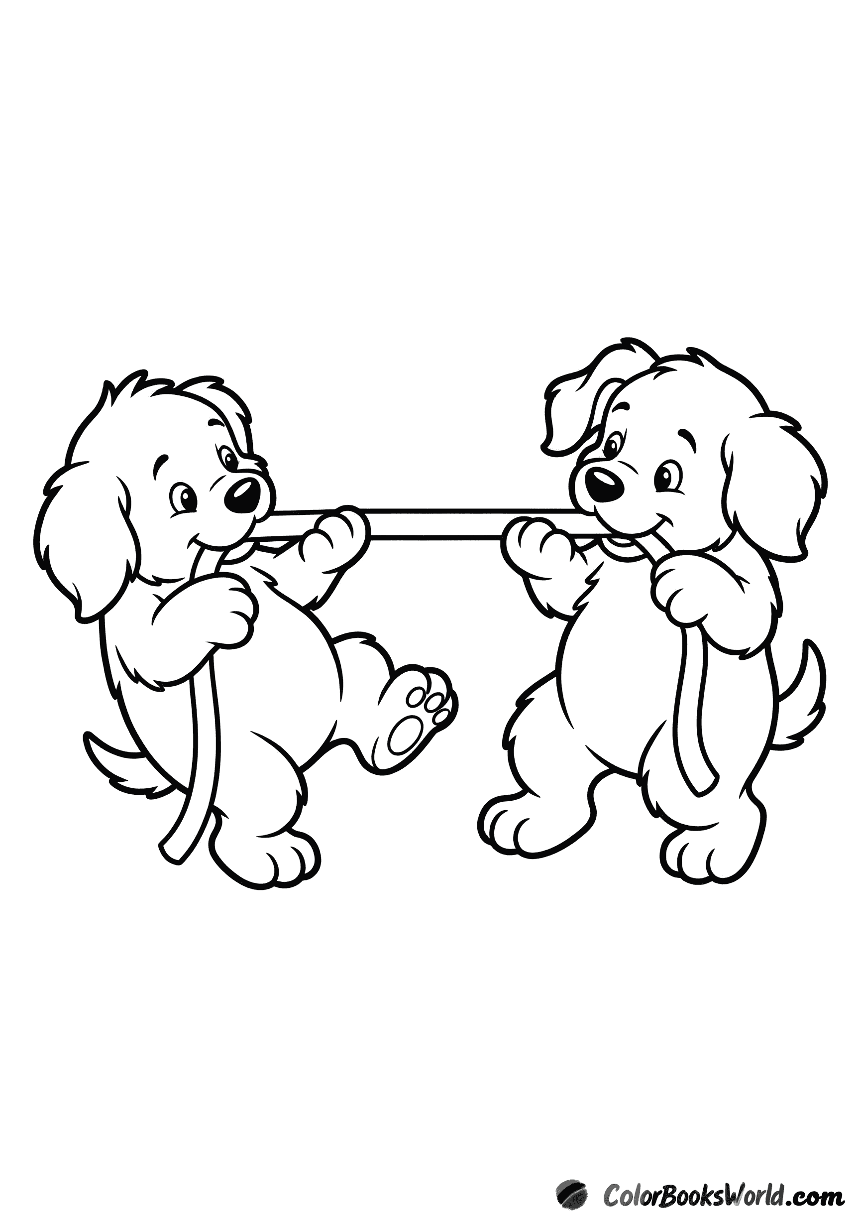 Two playful puppies tug on a thick rope in a friendly game of tug-of-war.