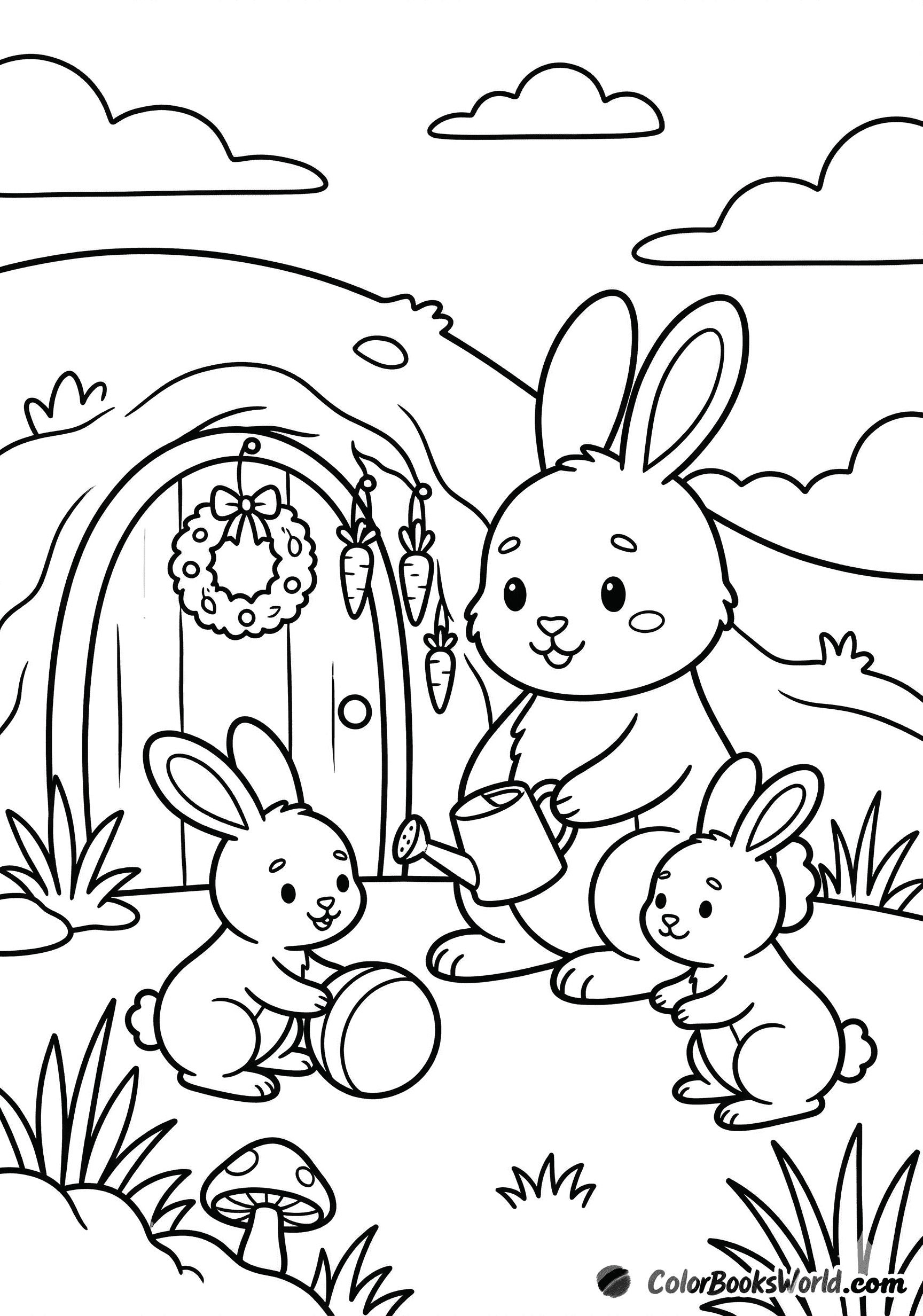 Mother rabbit with two bunnies by a decorated burrow entrance with carrots and a mushroom.