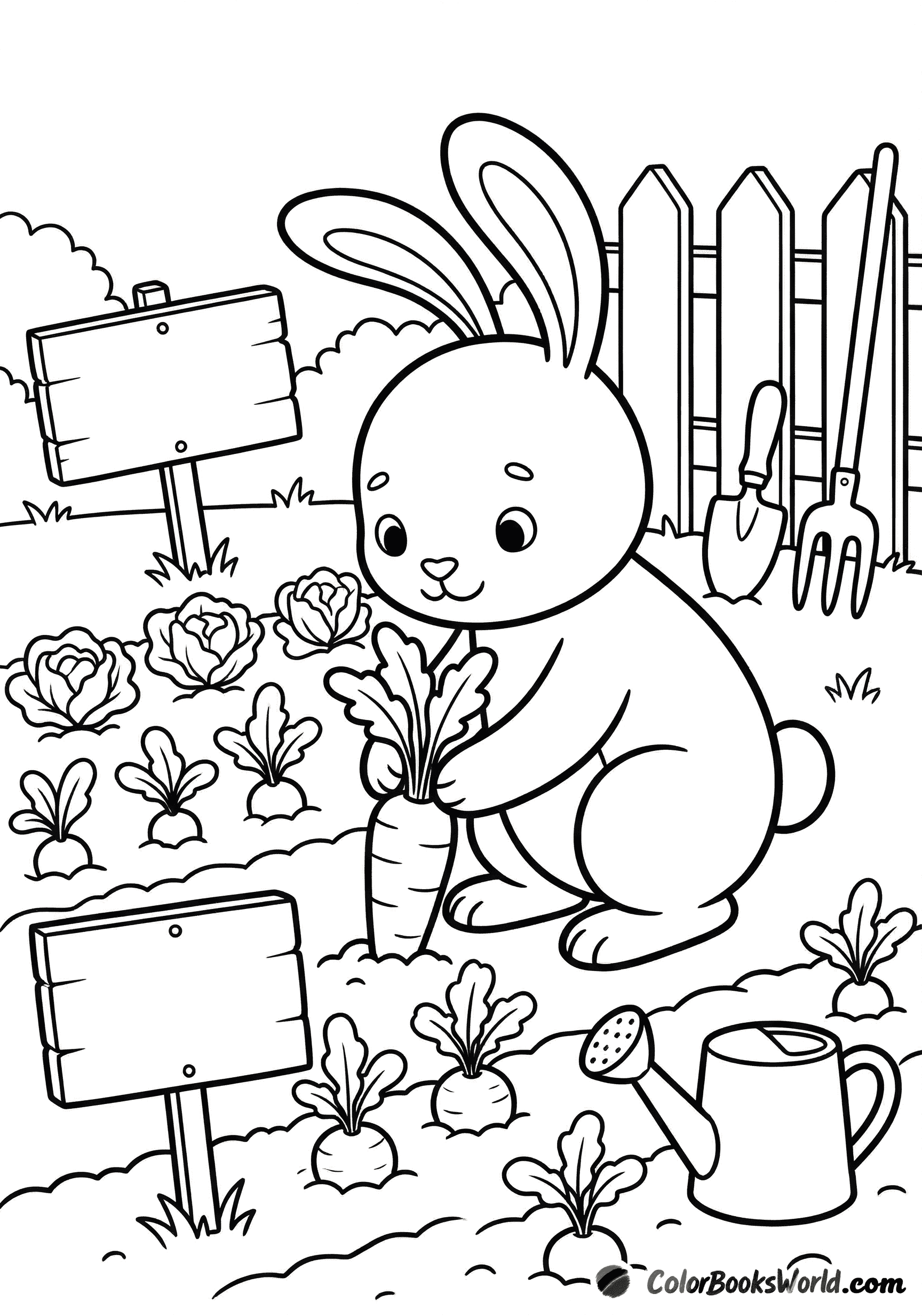 Cartoon rabbit in a garden pulling a giant carrot from the soil beside a watering can.