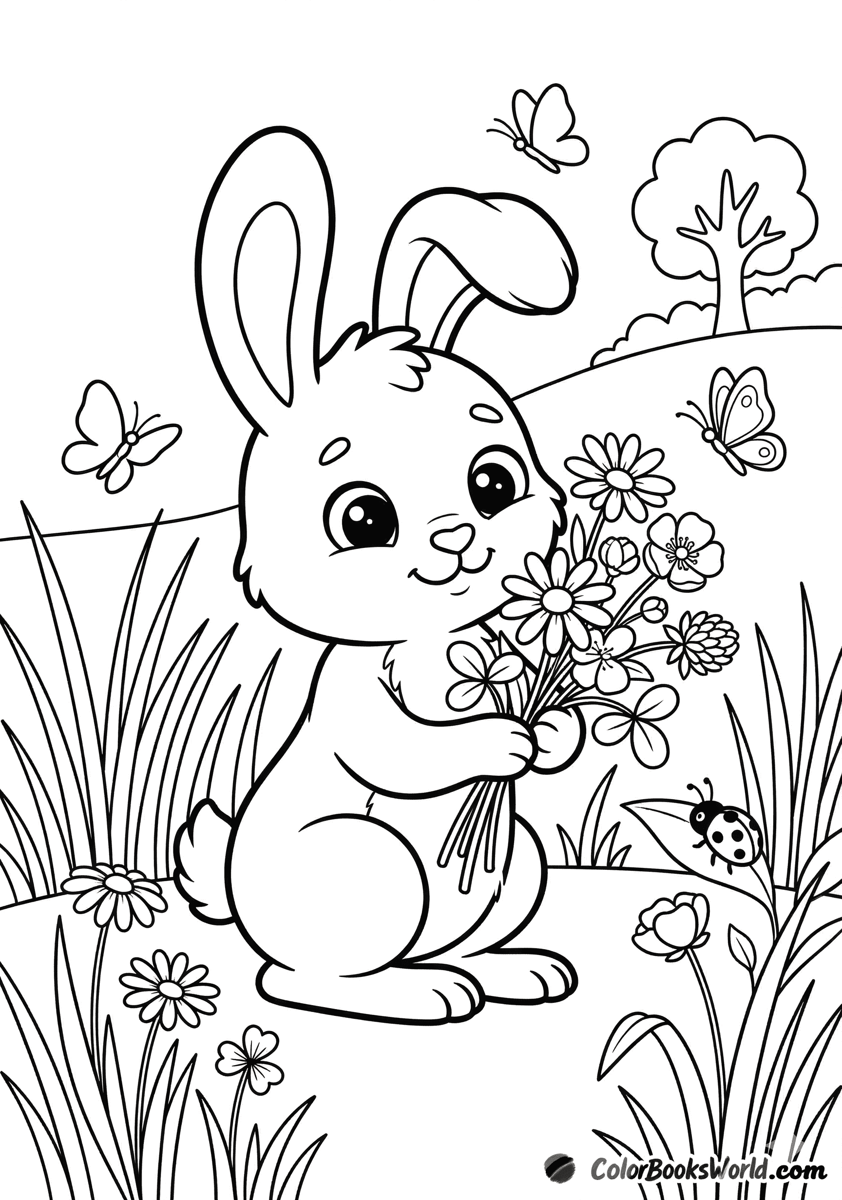 A cartoon rabbit kneels in a flower meadow holding a wildflower bouquet, with butterflies and a ladybug nearby.