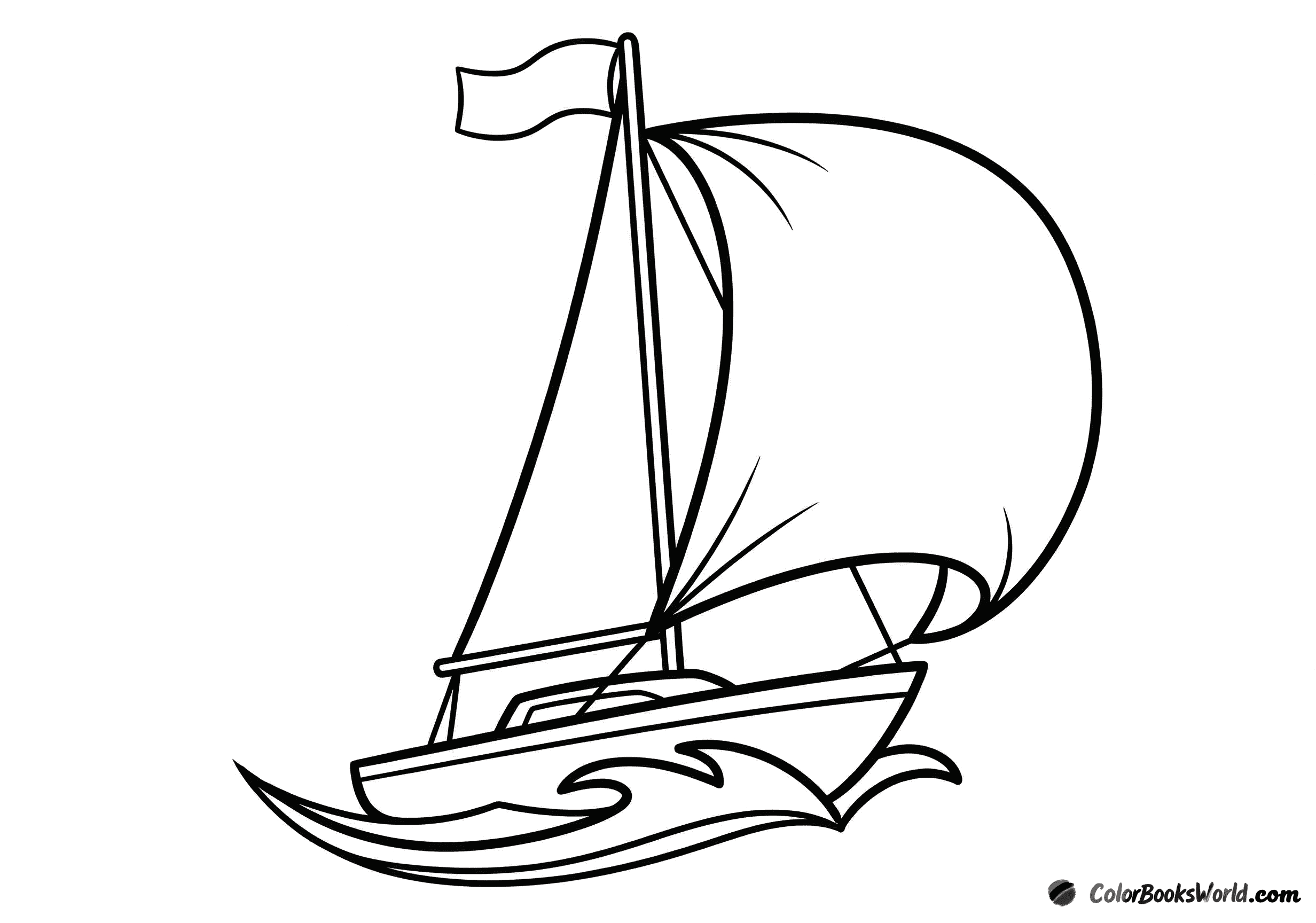 A racing sailboat with a billowing spinnaker, a small mast flag, and two stylized speed waves.