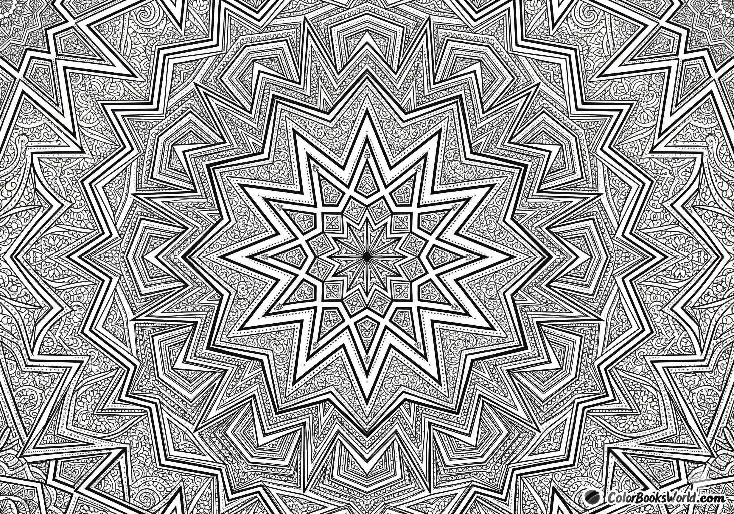 A complex geometric field of multi-point stars radiating from a central nucleus with intricate line details.