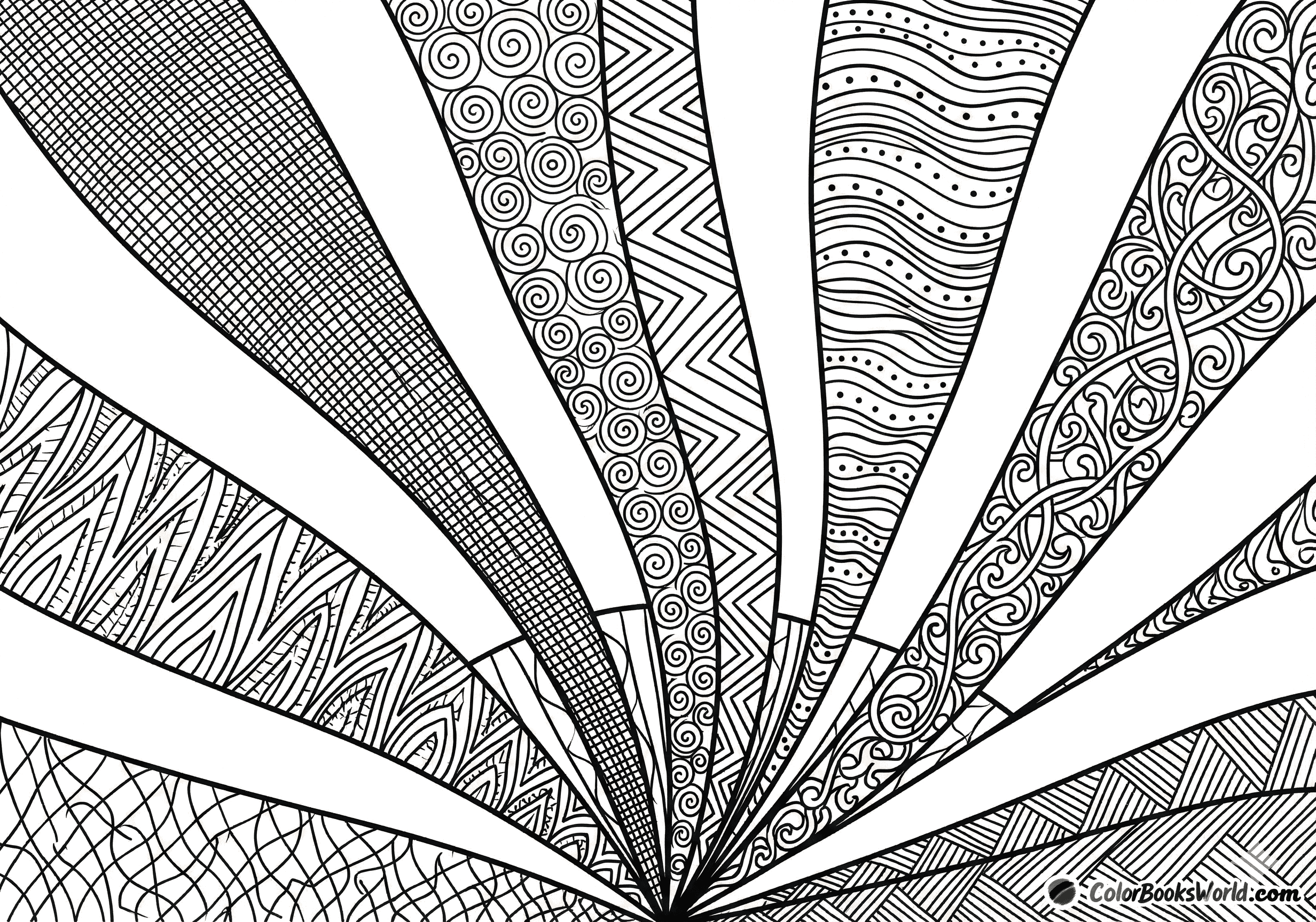Detailed line art of broad fan-like bands radiating from a central point, each filled with unique intricate linear patterns.