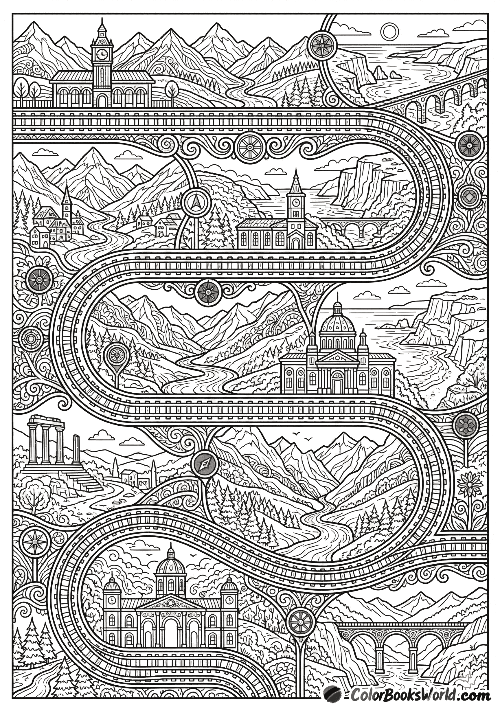 Detailed line art of a winding train track passing through mountains, bridges, and ornate station icons.